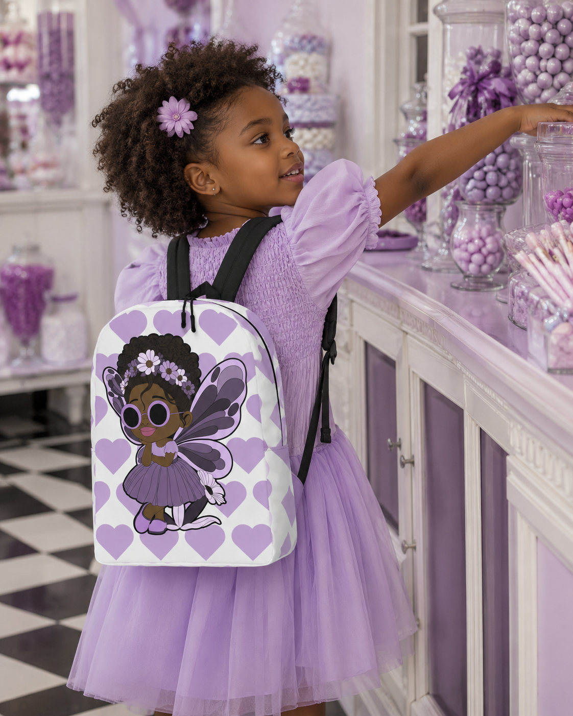 Coco Pixies Marvelous Mia girls backpack featuring a Black pixie with an afro puff, floral crown and purple butterfly wings