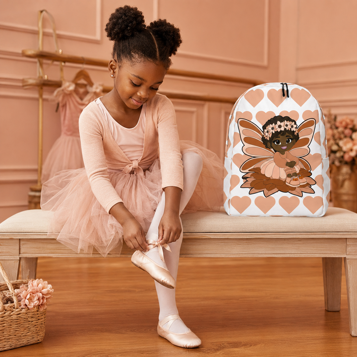 Coco Pixies Signature Heart Pattern Backpack featuring Sweet Sienna, a Black pixie with curls and peach wings