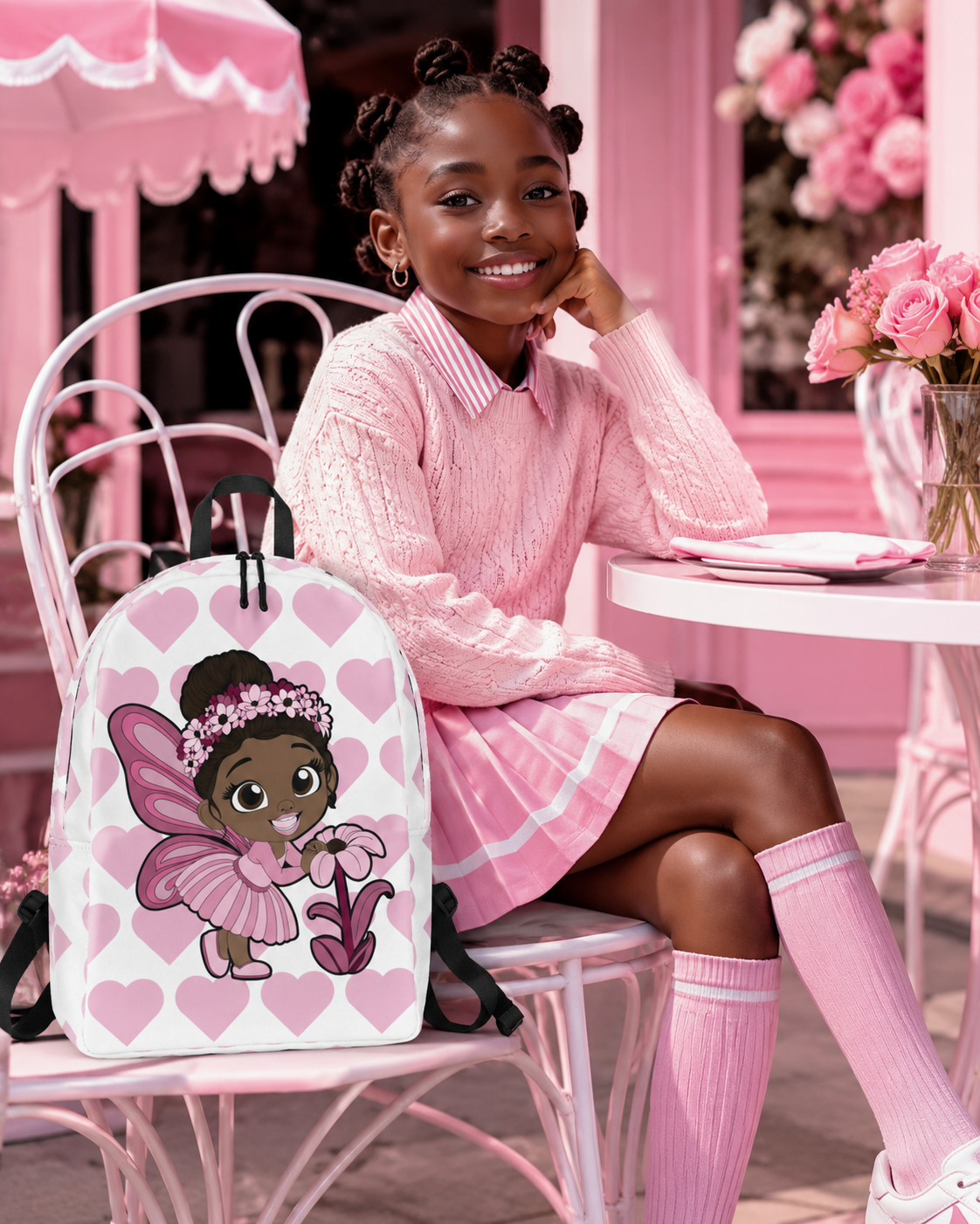 Coco Pixies Tara Twinkle backpack featuring a Black pixie, pink wings, flower crown and heart pattern