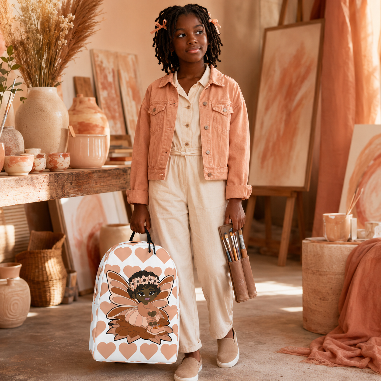 Coco Pixies Signature Heart Pattern Backpack featuring Sweet Sienna, a Black pixie with curls and peach wings
