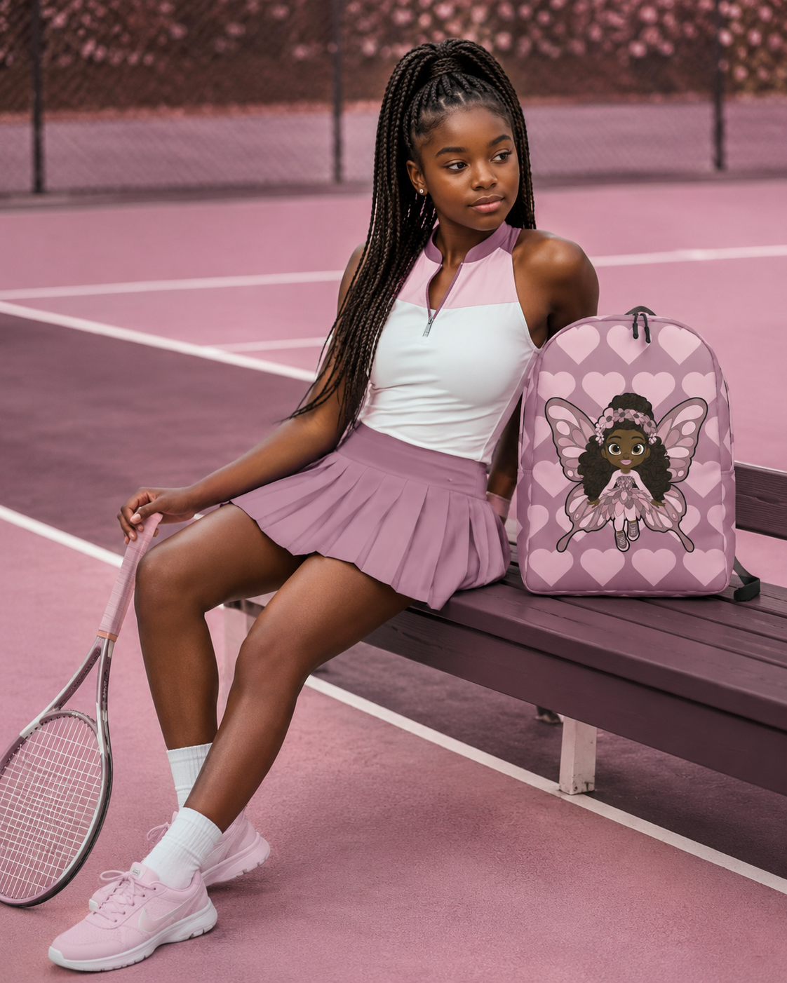Coco Pixies Penelope Pixie Backpack featuring textured curls, pink wings and blush hearts on dusty rose