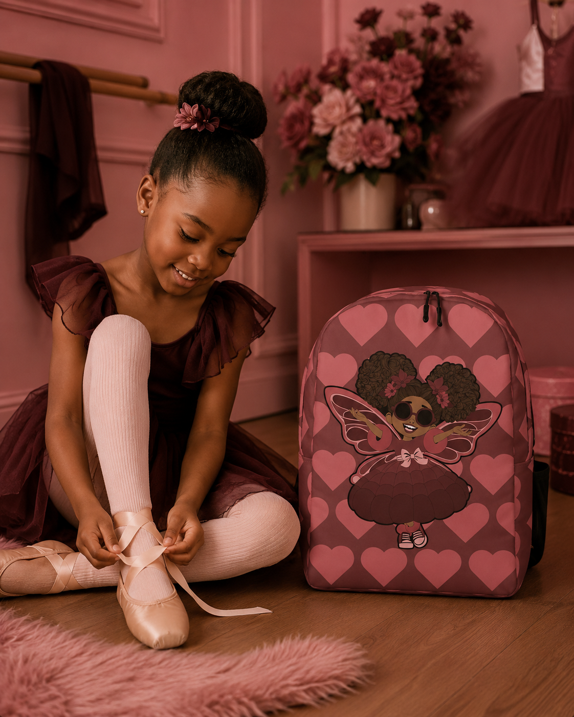 Coco Pixies Radiant Ruby backpack with curly afro puffs, sunglasses and burgundy signature heart print