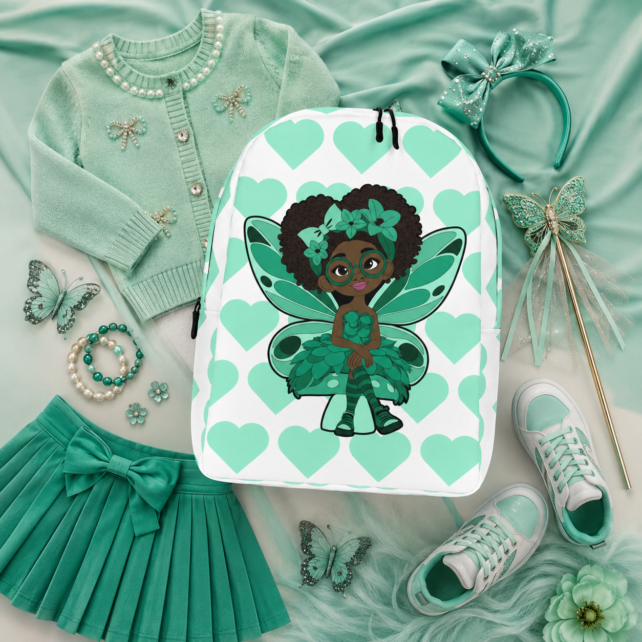 Brilliant Bailey Pixie Backpack by Coco Pixies featuring a Black girl pixie with a curly afro, green wings and a mint heart pattern.