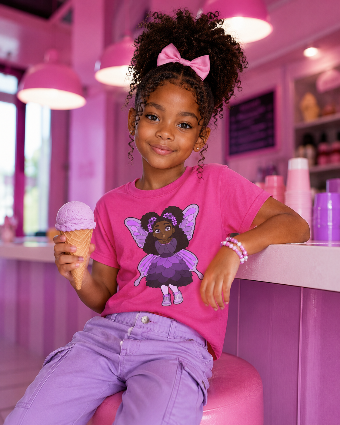 Black girl wearing a pink Coco Pixies Amber Amazingpuff Pixie T-shirt and lavender pants while holding an ice cream cone in a pink café.