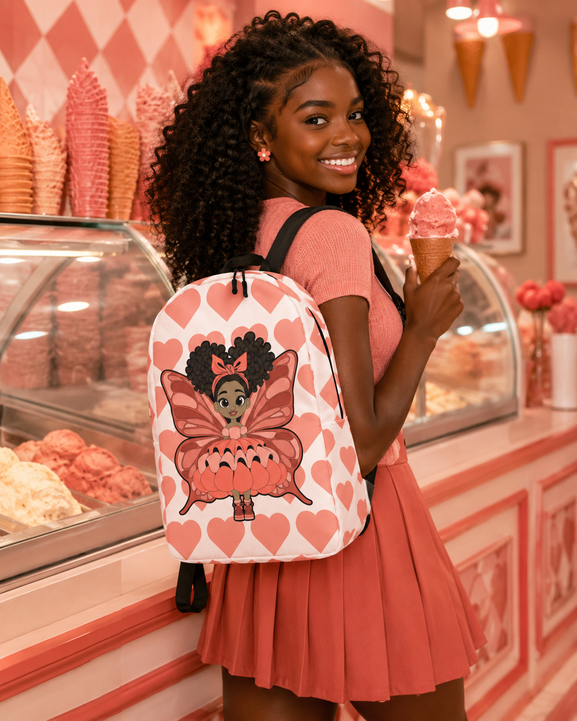 Coco Pixies Lovely Layla children’s backpack featuring a Black girl pixie and coral Signature Heart Pattern