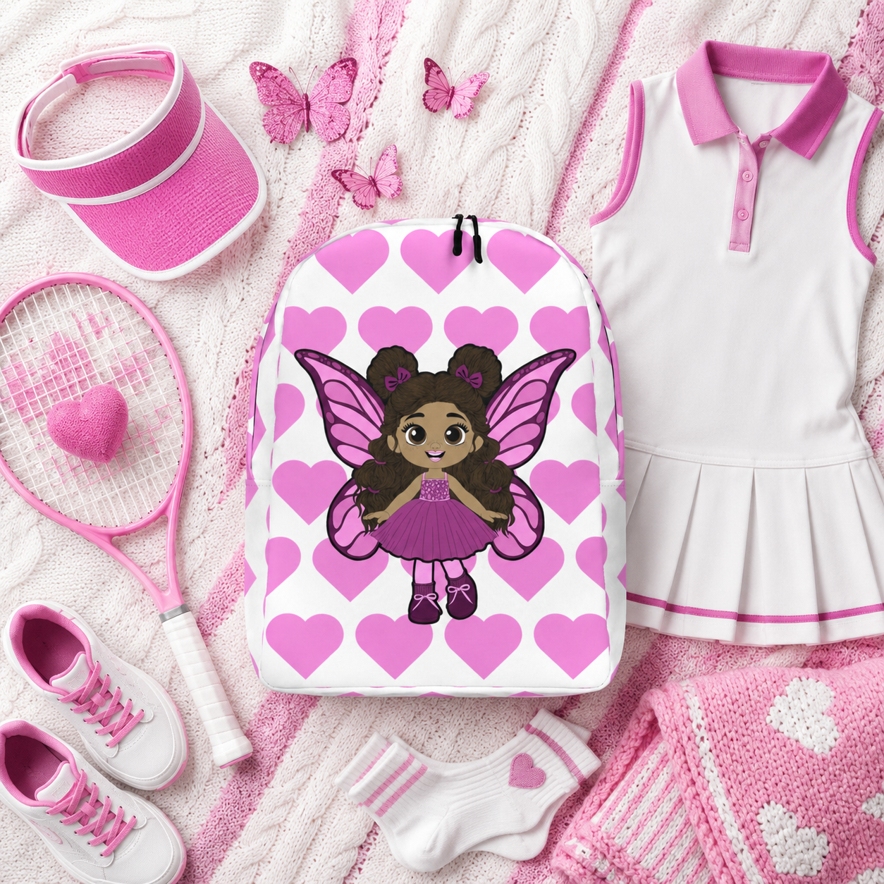Coco Pixies Fiona Flutter character backpack featuring curly puff buns, pink wings, and heart print