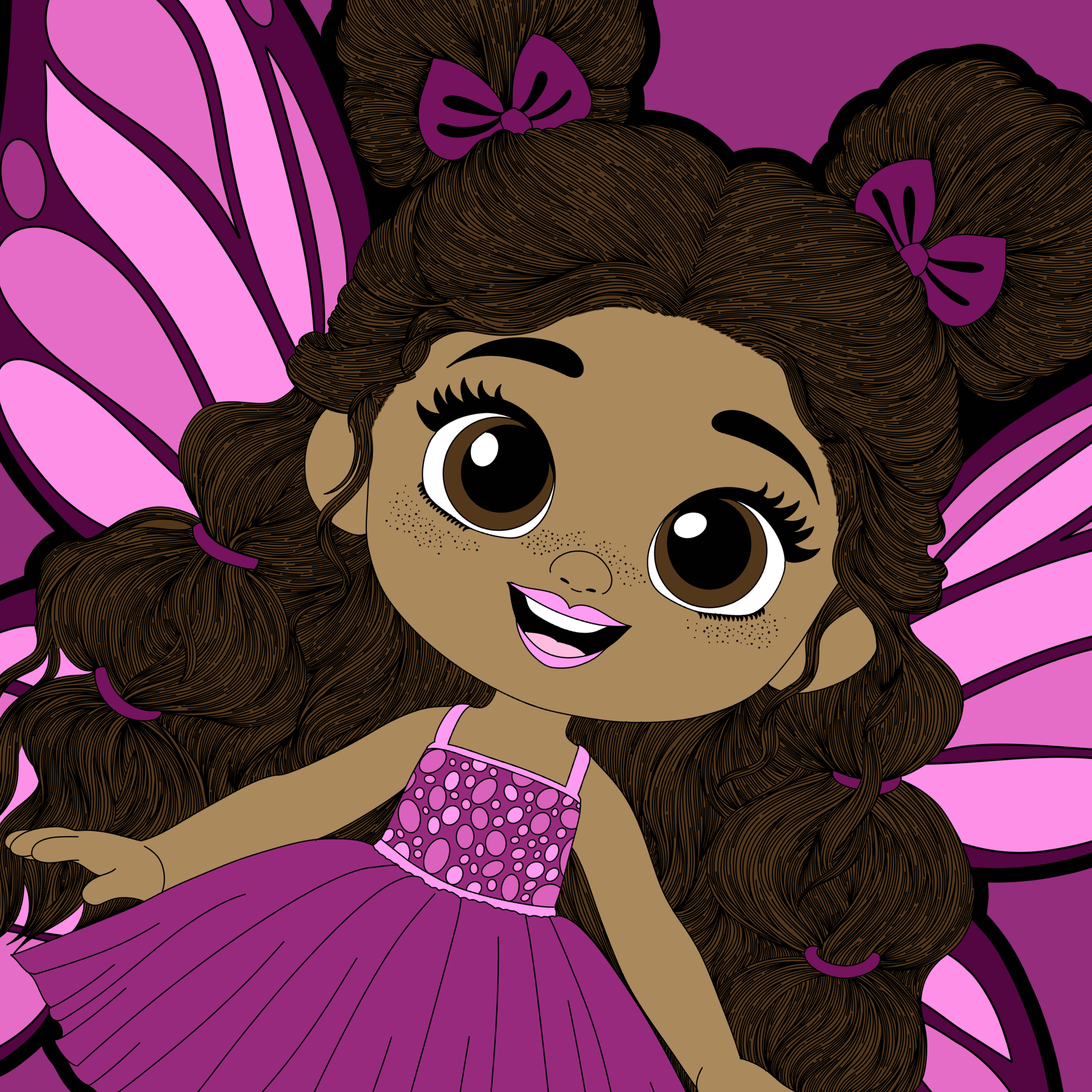 Fiona Flutter, a smiling original hand-drawn Black girl pixie with warm brown skin, freckles, dark-brown hair in two buns and long bubble ponytails, pink and purple wings, a magenta dress, pink tights and plum shoes.