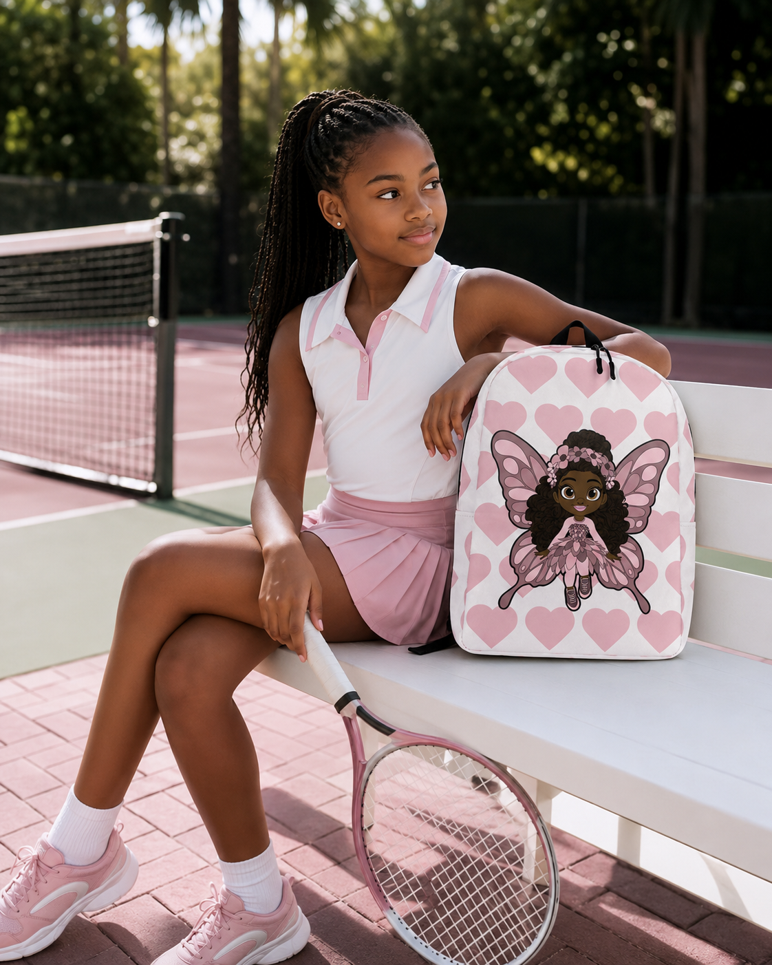 Coco Pixies Penelope Pixie Backpack featuring a Black girl character and blush pink hearts on a white background