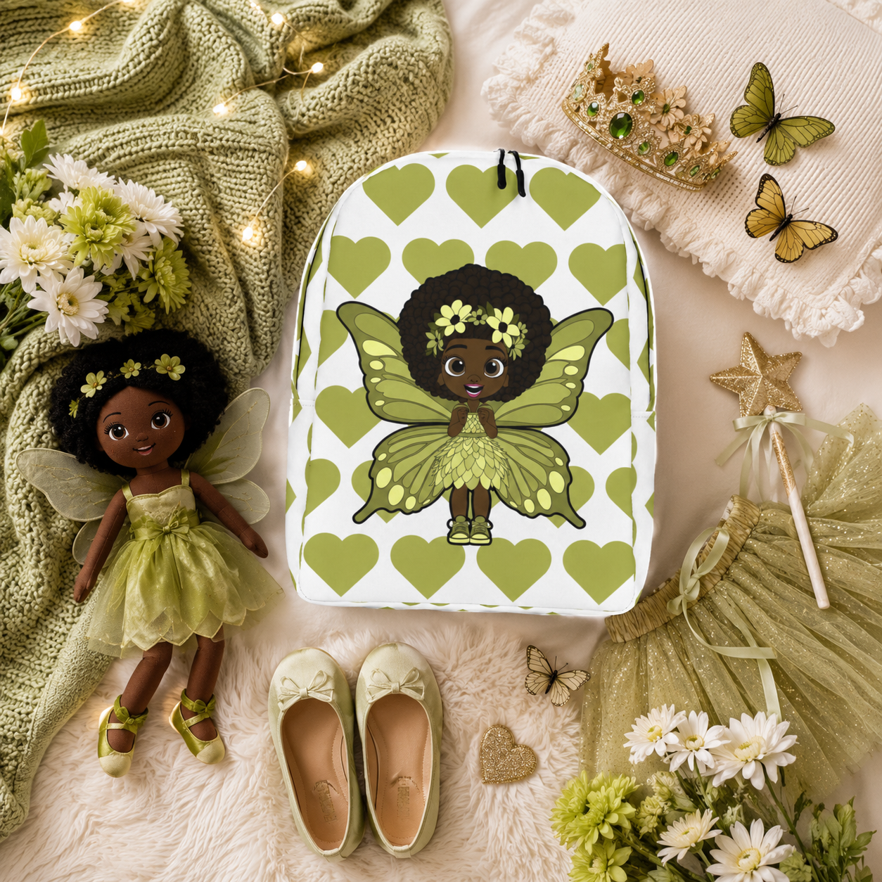 Cheerful Charlotte Pixie backpack featuring a Black girl pixie with green wings on the Coco Pixies signature heart pattern.