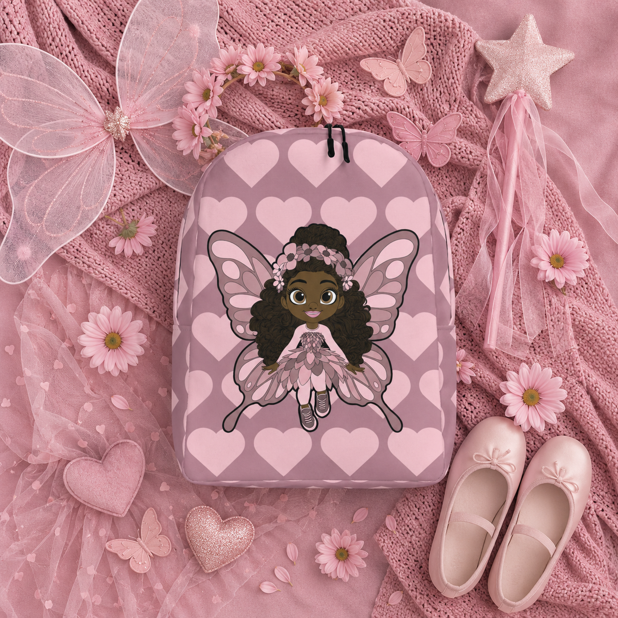 Coco Pixies Penelope Pixie Backpack featuring textured curls, pink wings and blush hearts on dusty rose