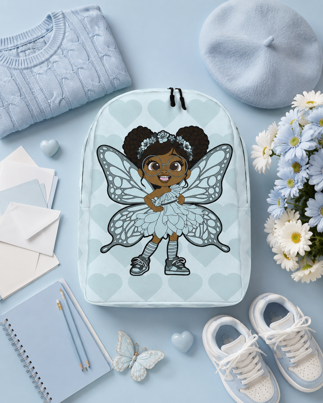 Coco Pixies JoJo Jollypuff backpack featuring afro puffs, round glasses, baby cyan wings, and heart pattern