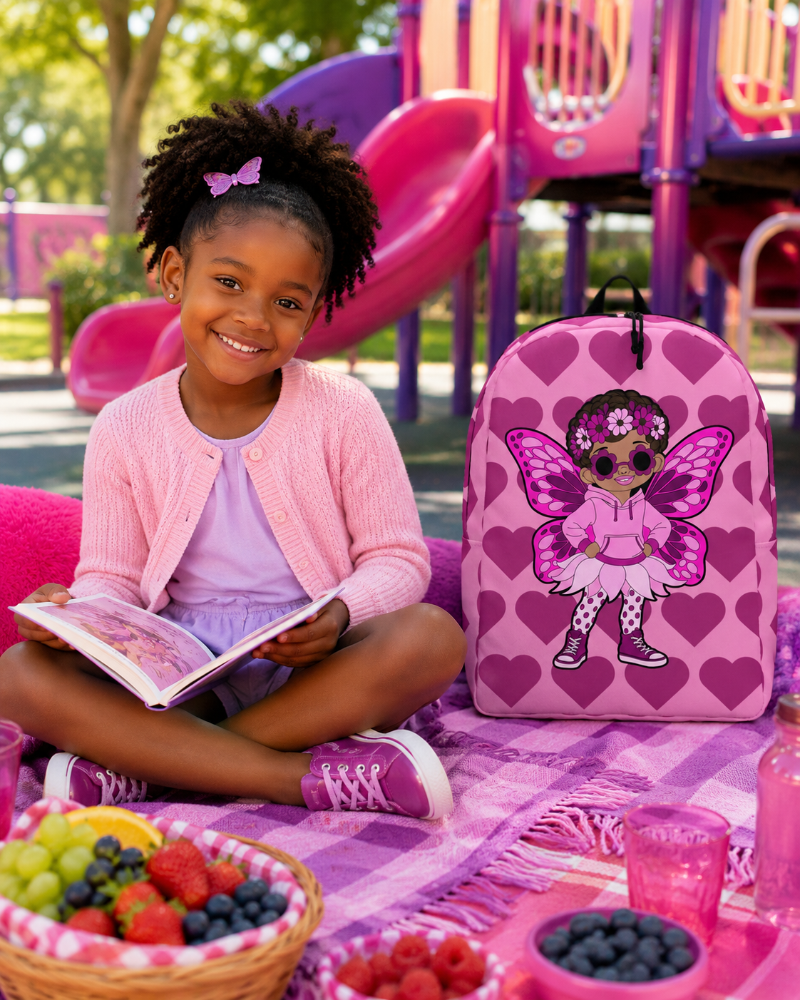 Coco Pixies Teonna Twinklepuff backpack featuring a Black girl pixie with curly puffs, pink wings and berry hearts.