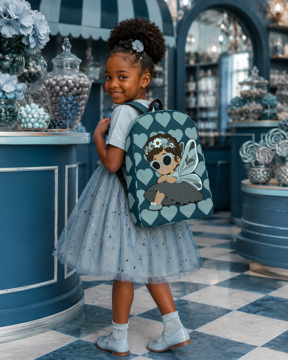 Coco Pixies Pixie Piper Backpack featuring aqua teal hearts, curly hair, sunglasses, and detailed pixie wings