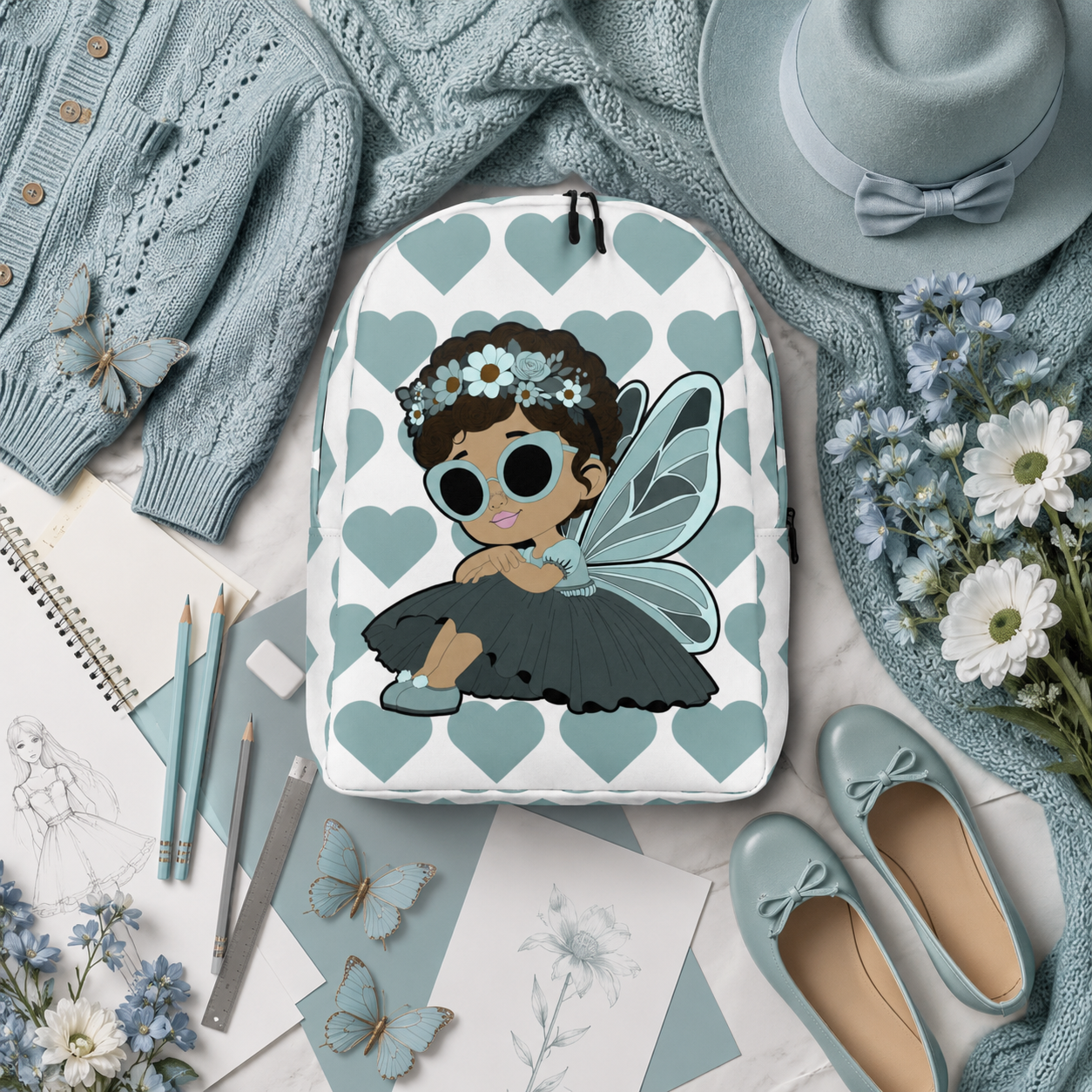 Coco Pixies Pixie Piper Backpack featuring a Black girl pixie, aqua hearts, sunglasses, and floral details