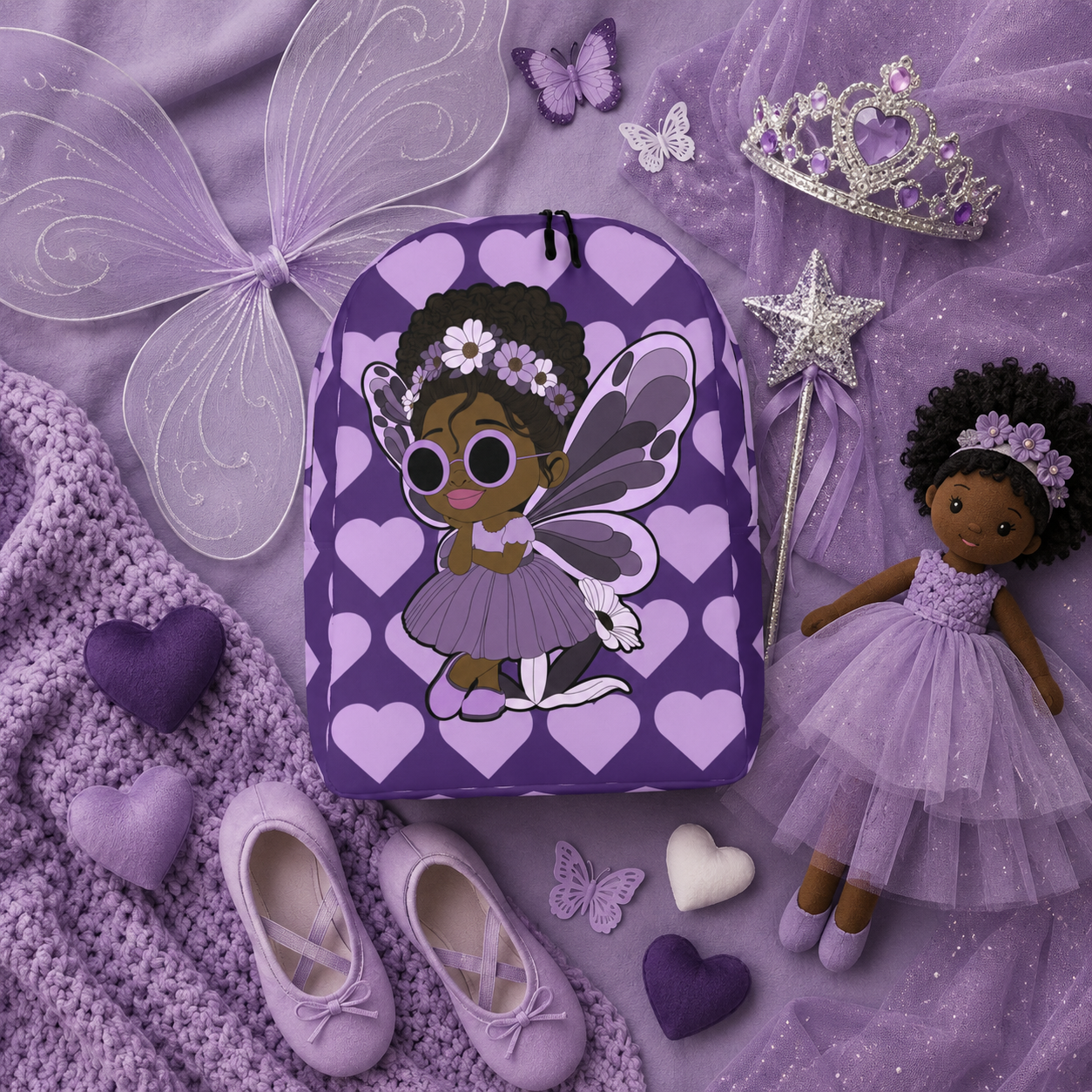 Coco Pixies Marvelous Mia purple backpack featuring a Black pixie with an afro puff, floral crown and lavender wings