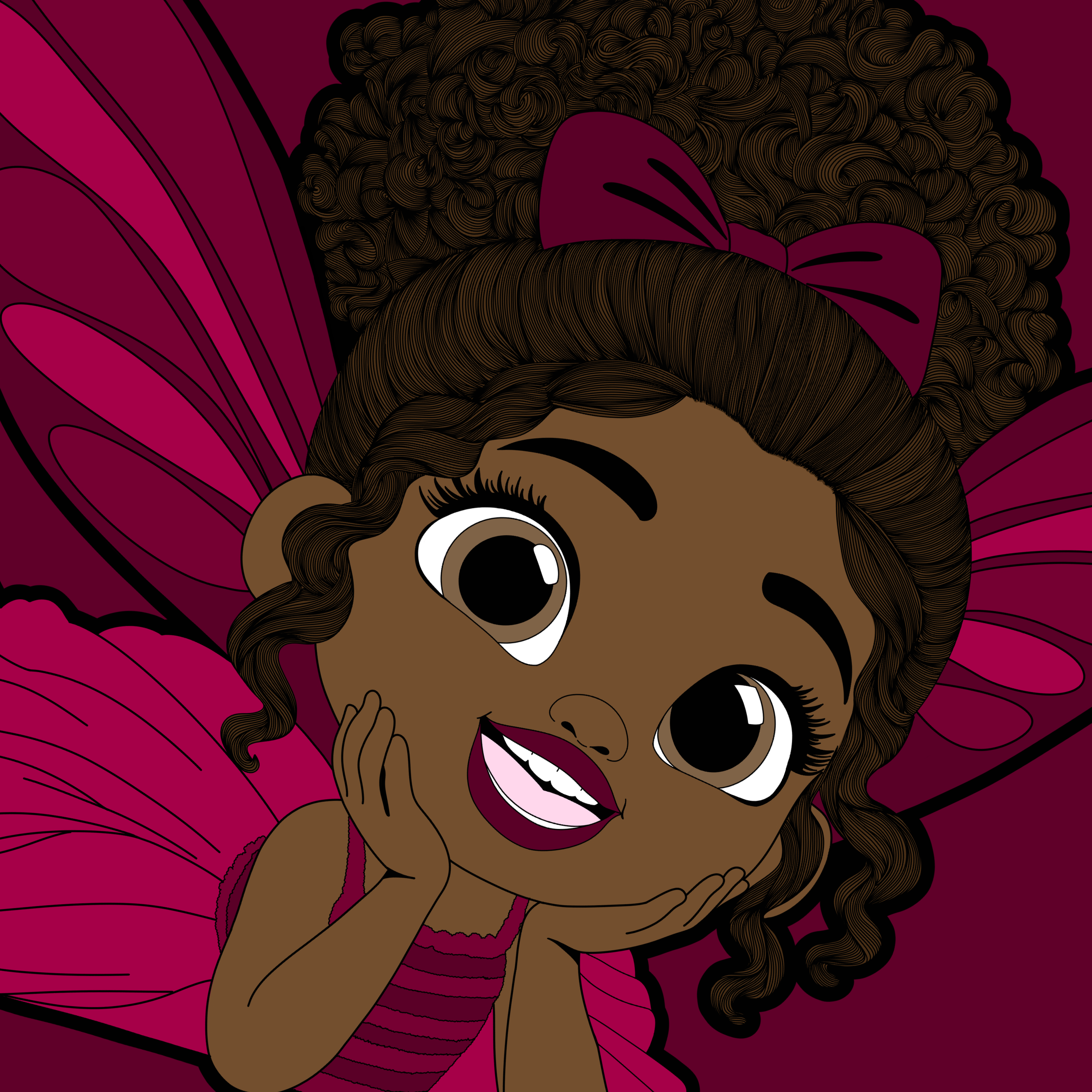 Happy Harper, a smiling original hand-drawn Black girl pixie with rich brown skin, bright brown eyes, a high curly afro puff with a fuchsia bow, magenta butterfly wings and a layered pink dress resting her chin in her hands with her feet kicked up.