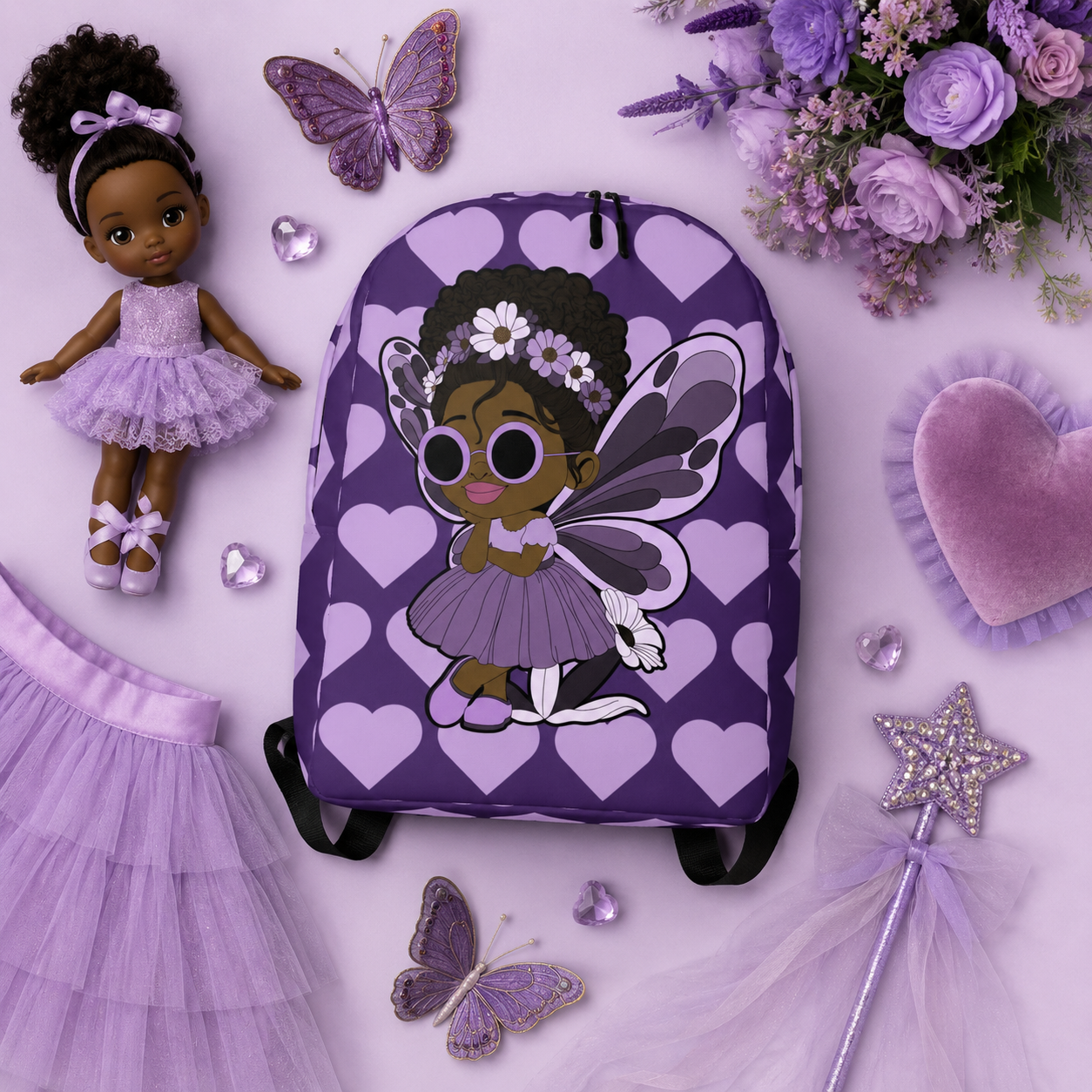 Coco Pixies Marvelous Mia purple backpack featuring a Black pixie with an afro puff, floral crown and lavender wings