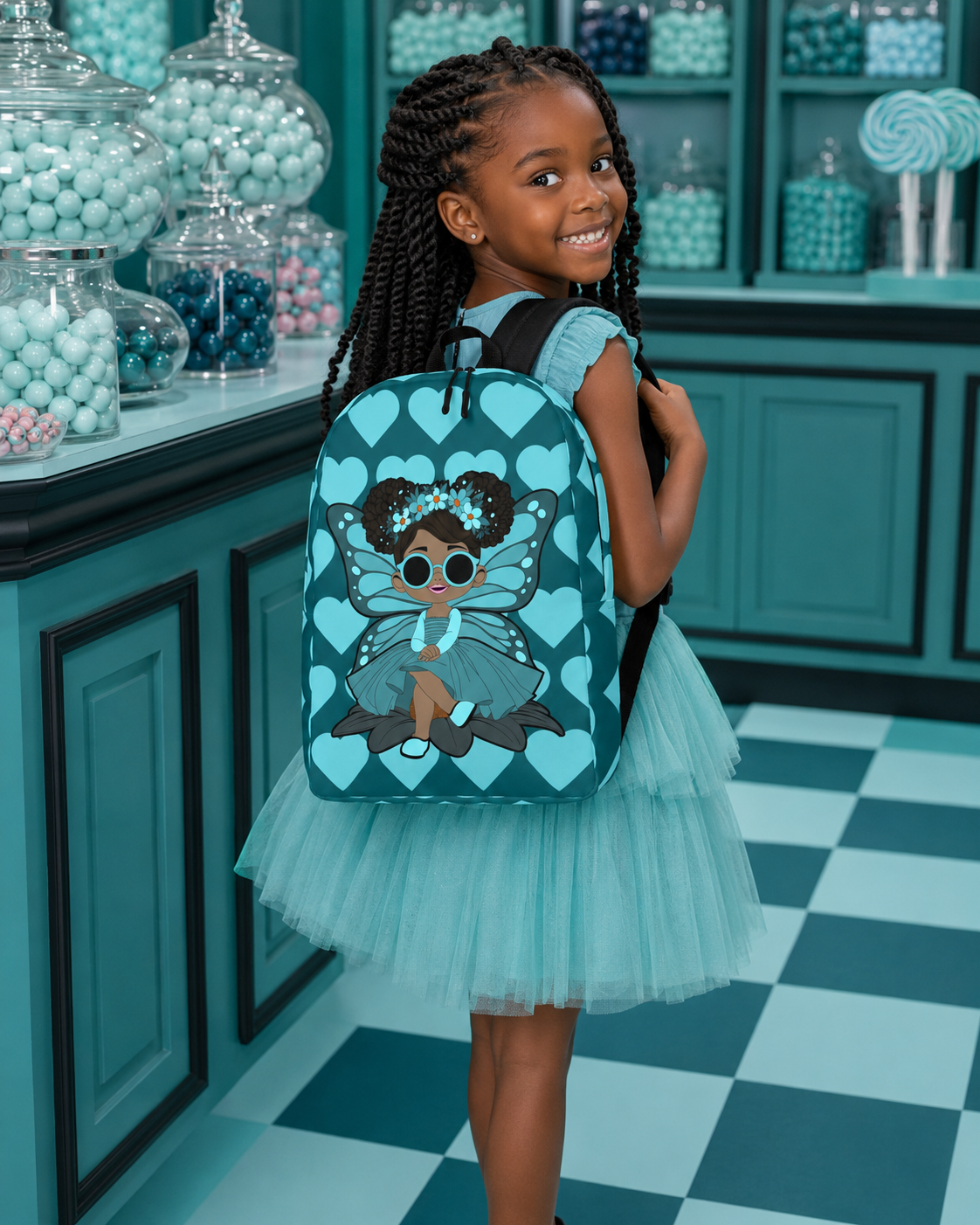Coco Pixies Sassy Sammy backpack featuring a Black pixie character and deep teal signature heart pattern