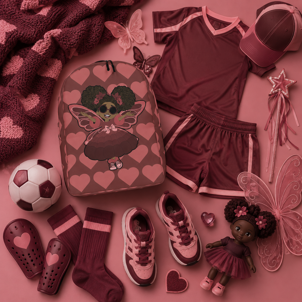 Coco Pixies Radiant Ruby backpack with curly afro puffs, sunglasses and burgundy signature heart print