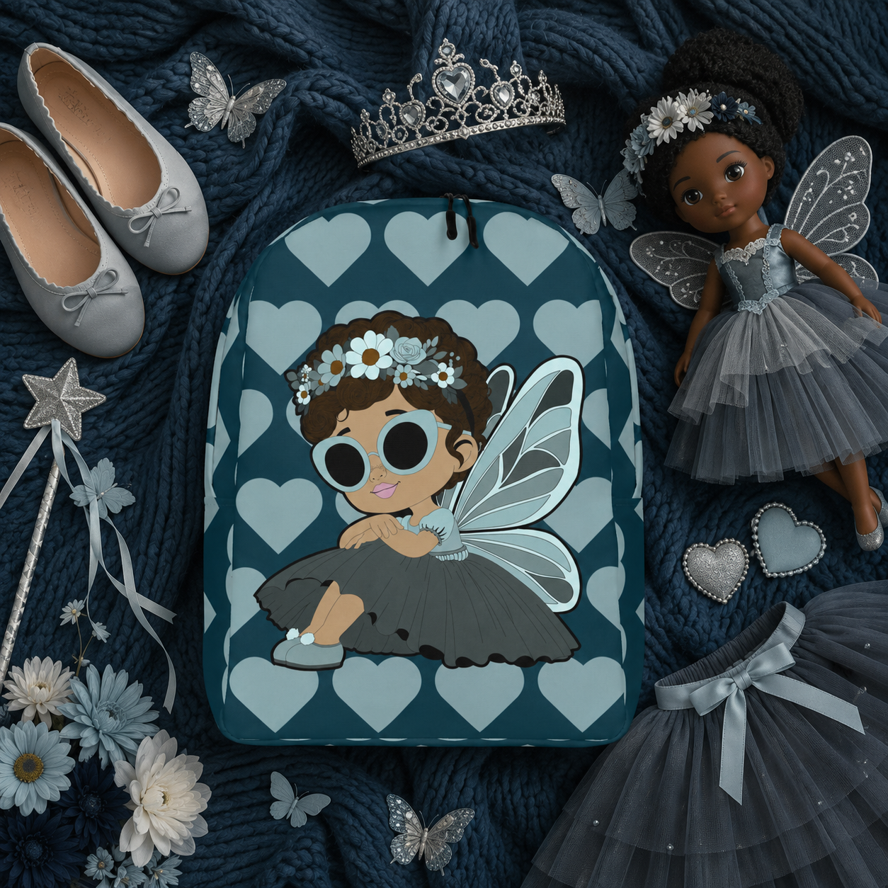 Coco Pixies Pixie Piper Backpack featuring aqua teal hearts, curly hair, sunglasses, and detailed pixie wings