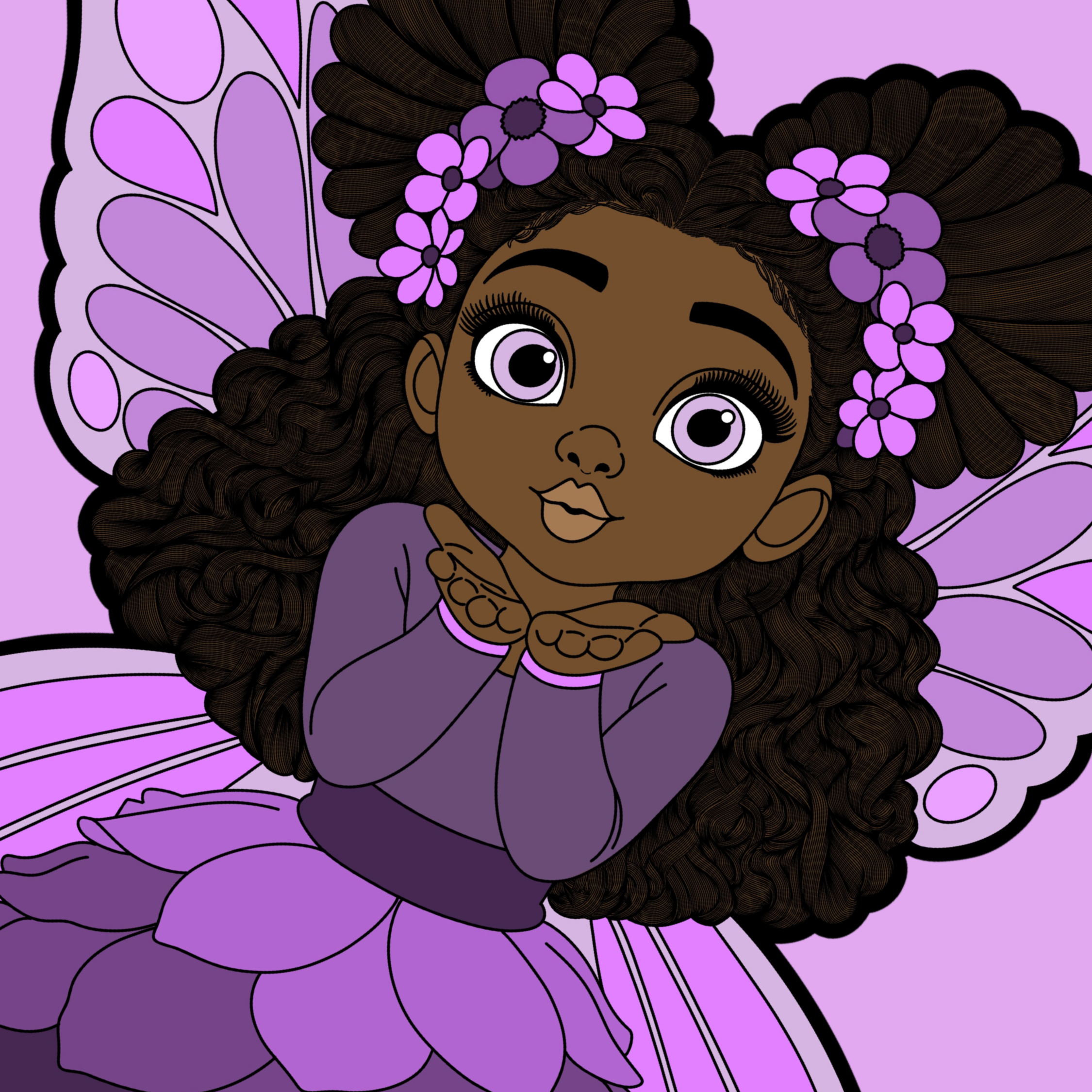 Amber Amazingpuff Pixie is an original hand-drawn Black girl pixie with two large flower adorned afro puffs and long curls, wears a layered purple petal dress, lavender wings, pale tights, and purple high top sneakers.