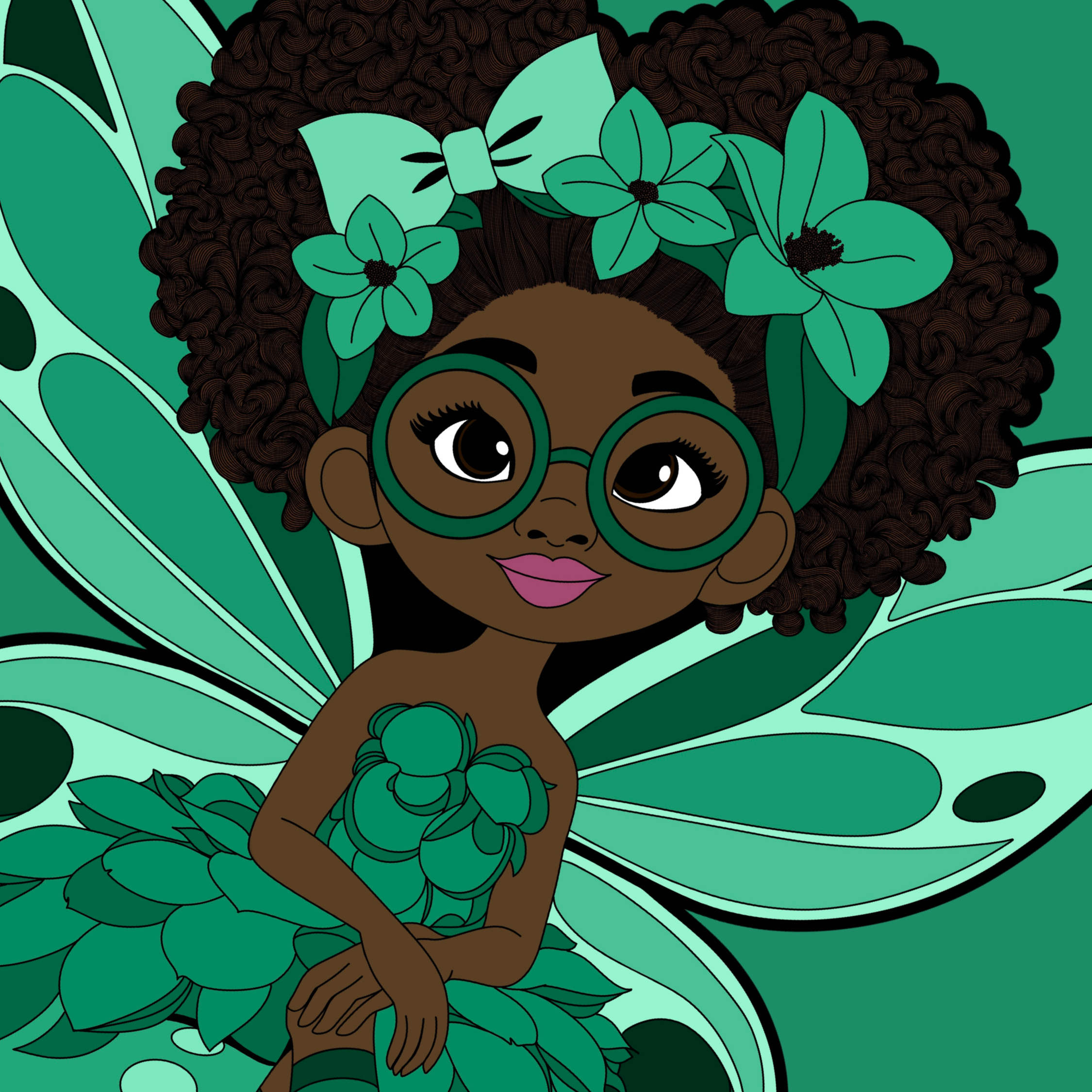 Brilliant Bailey, an original hand-drawn Black girl pixie with chocolate-brown skin, two natural afro puffs, round green glasses, an emerald petal dress, mint and green butterfly wings, striped tights, and sneakers