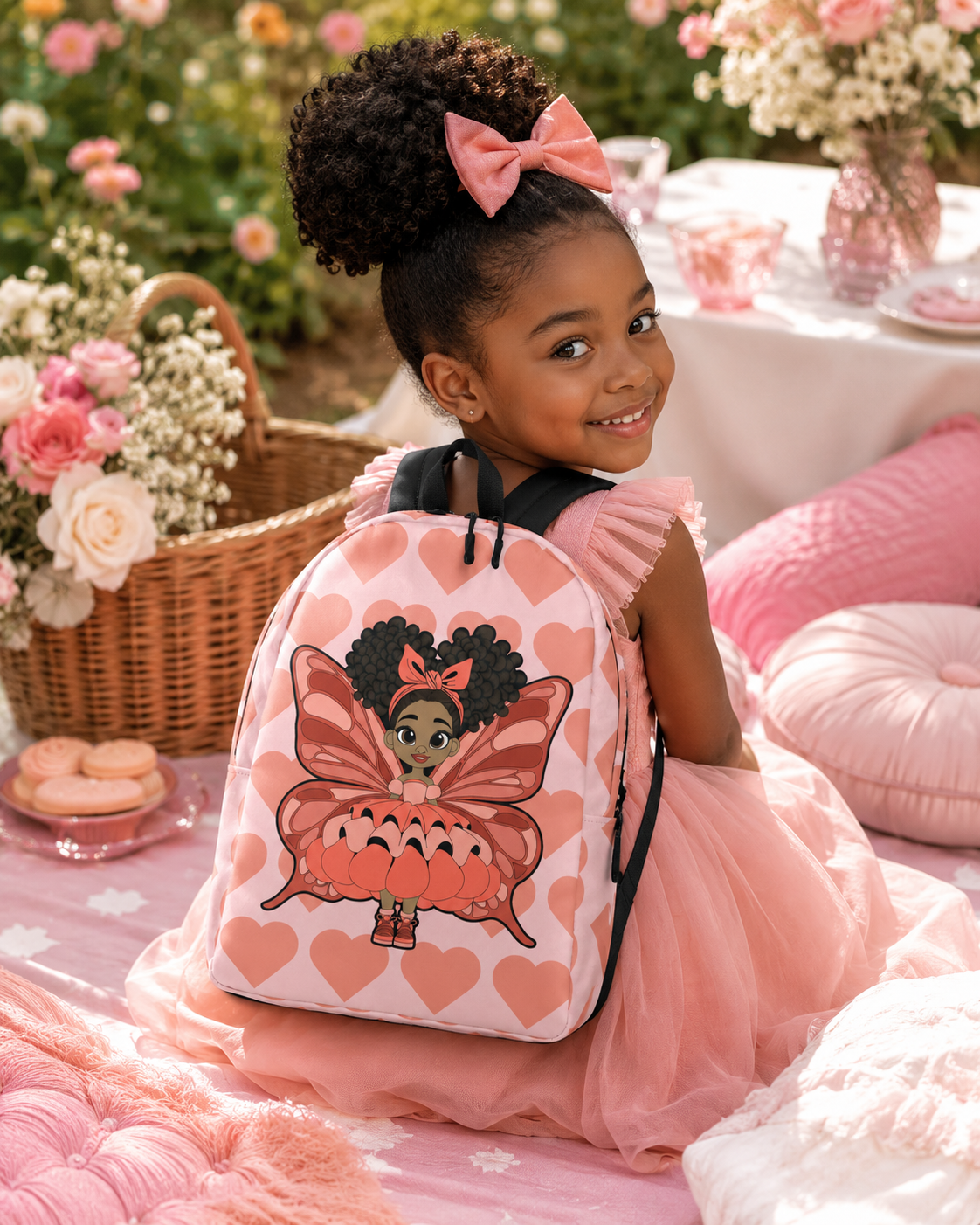 Coco Pixies Lovely Layla children’s backpack featuring a Black girl pixie and Coral Signature Heart Pattern