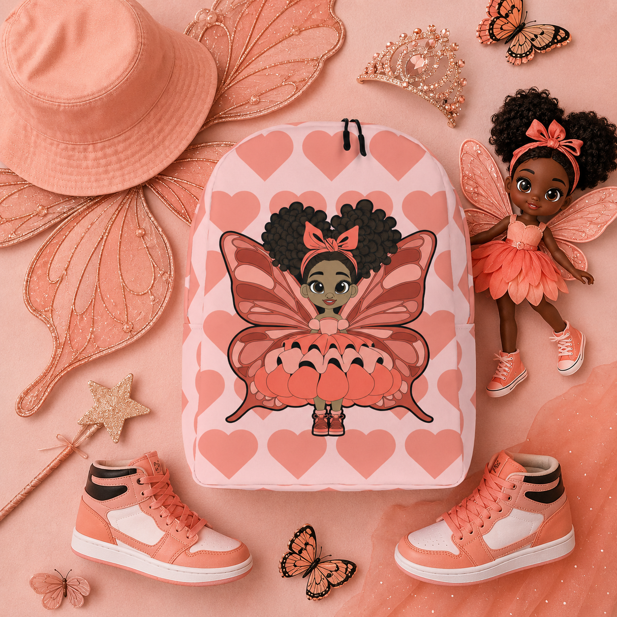 Coco Pixies Lovely Layla children’s backpack featuring a Black girl pixie and Coral Signature Heart Pattern