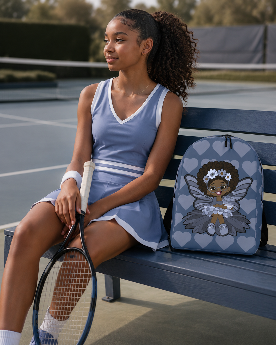 Bubbly Brooke Pixie Backpack by Coco Pixies in cool blue with Black girl pixie and signature heart pattern