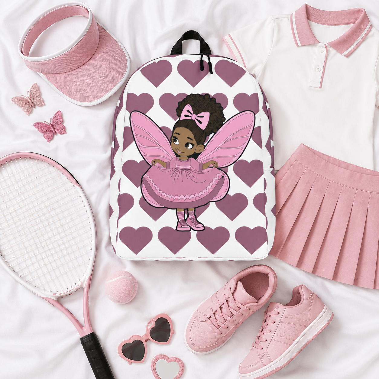Darling Daphne Pixie Backpack by Coco Pixies with a pink pixie, curly afro puff and mauve heart pattern.