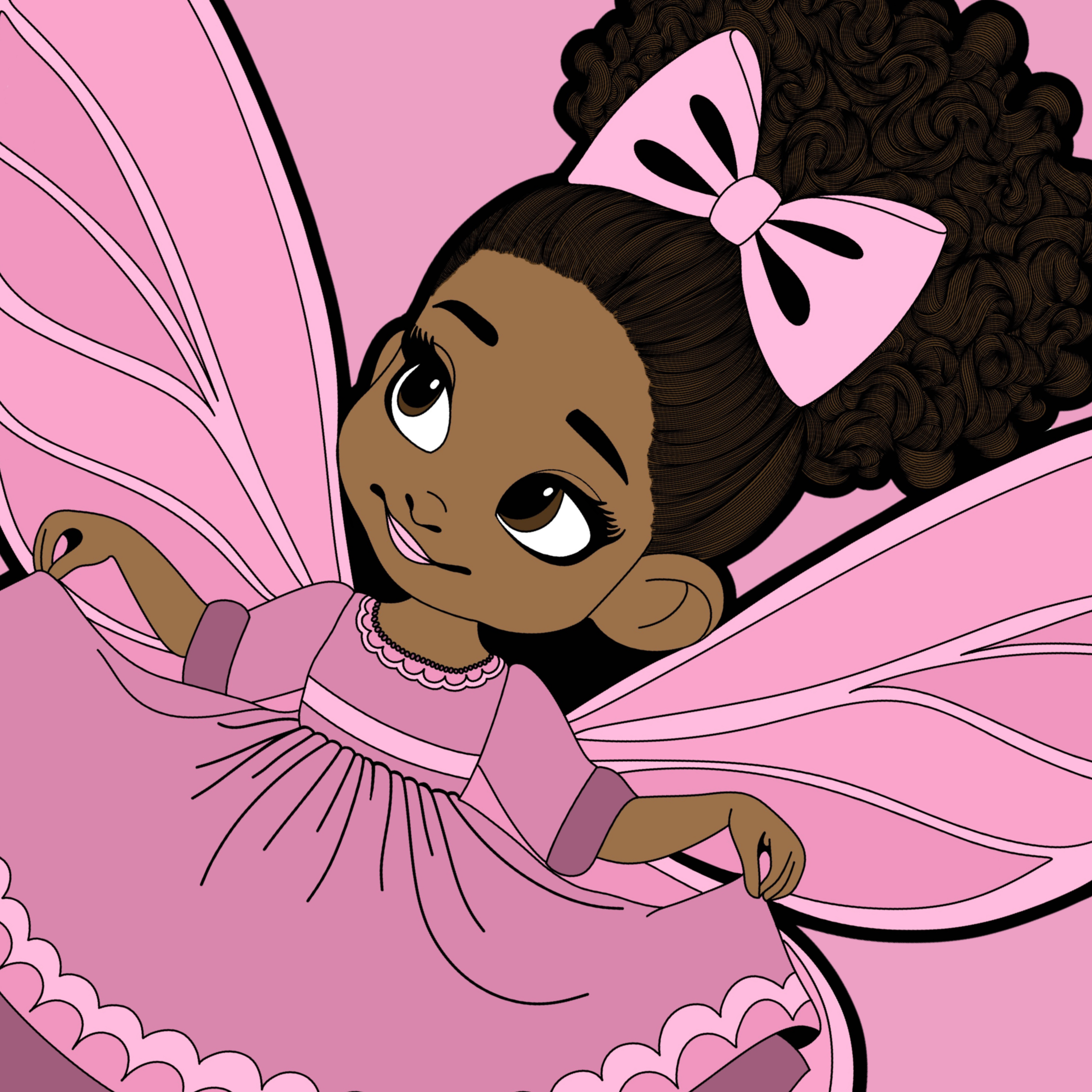 Darling Daphne, an original hand-drawn Black girl pixie with warm brown skin, a curly high puff, oversized pink bow, mauve-pink dress. large pink butterfly wings, striped socks and pink sneakers, holding her skirt in a curtsy.