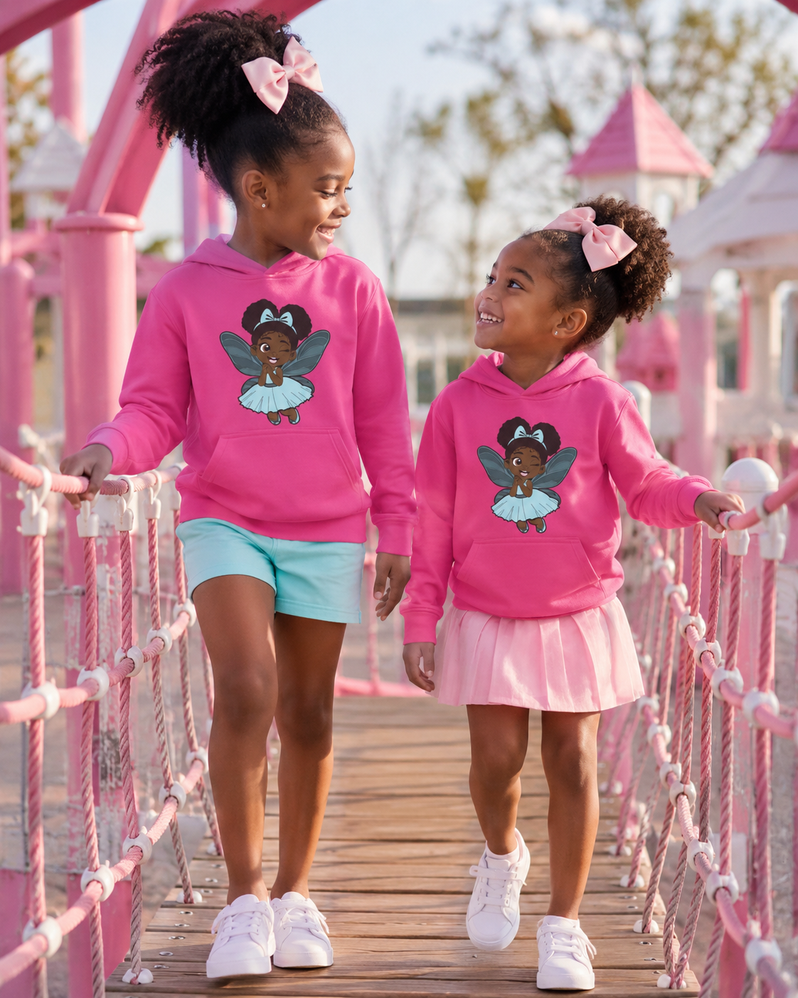 Two Black girls wearing pink Coco Pixies Gleeful Grace Pixie hoodies while walking across a pink playground bridge.