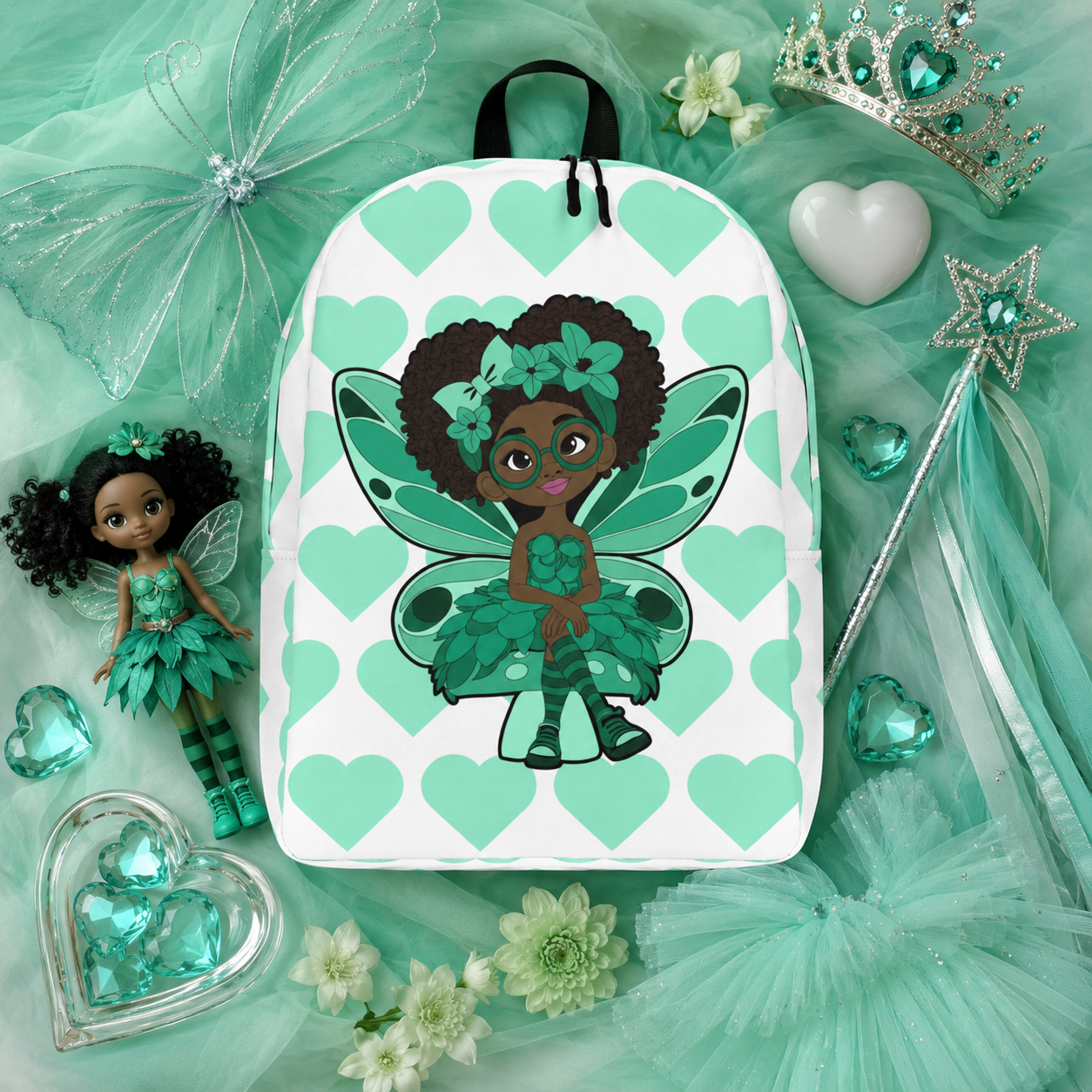 Brilliant Bailey Pixie Backpack by Coco Pixies featuring a Black girl pixie with a curly afro, green wings and a mint heart pattern.