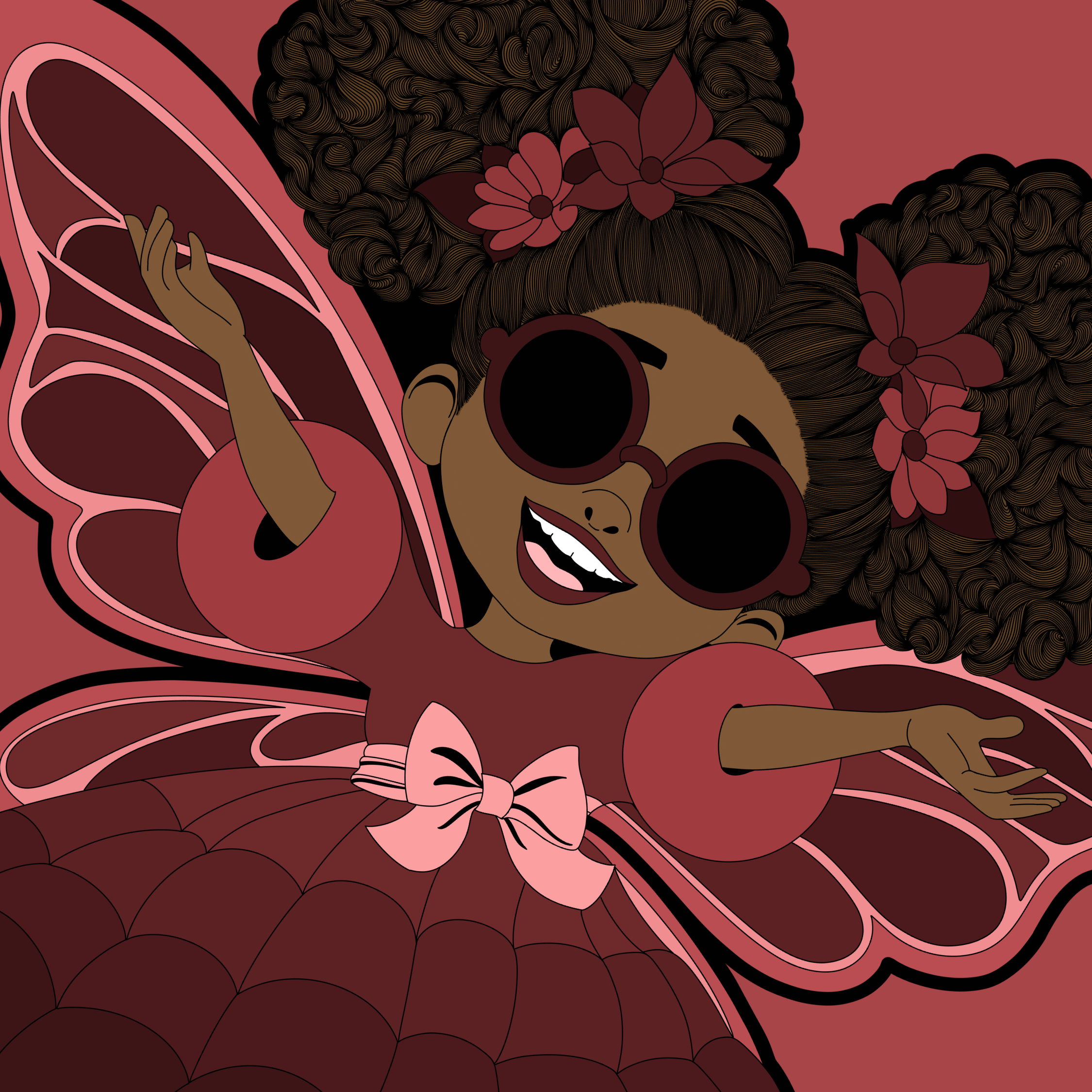 Radiant Ruby Pixie, an original hand-drawn Black girl pixie with flower accented afro puffs and stylish shades, wears a ruby red dress, red and pink wings, and pink sneakers.