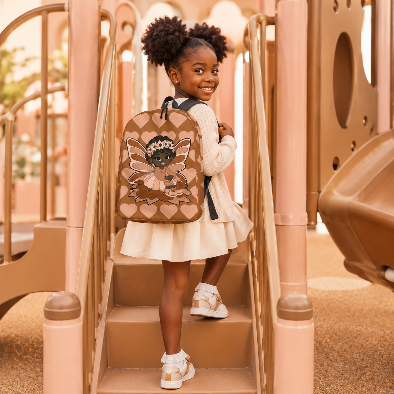 Coco Pixies Sweet Sienna school backpack featuring a Black pixie, floral crown, wings, and mocha heart pattern