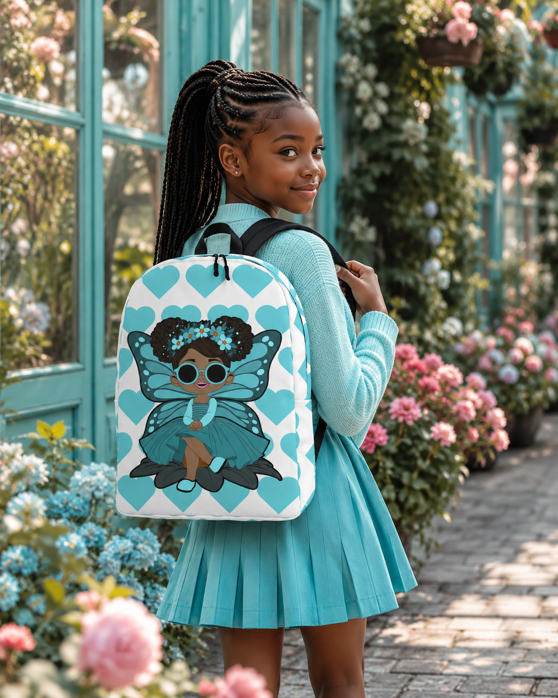 Coco Pixies Sassy Sammy backpack featuring a Black pixie character and aqua signature heart pattern