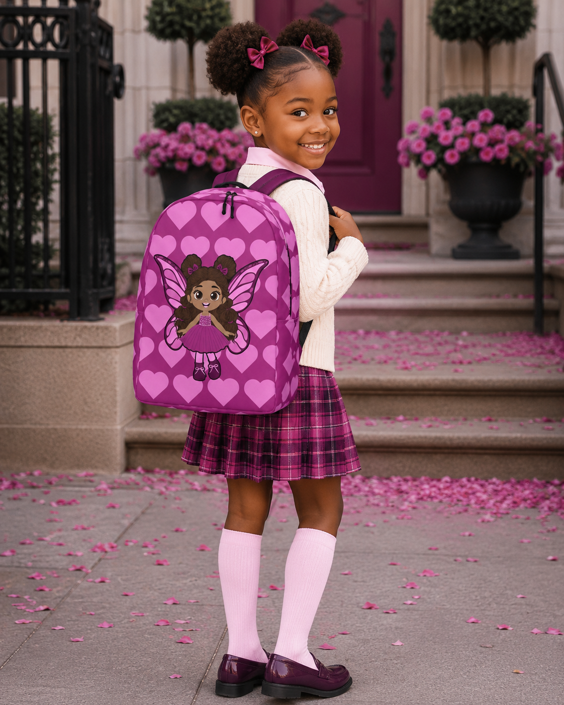 Coco Pixies Fiona Flutter magenta backpack featuring a Black girl pixie with curly hair and pink wings