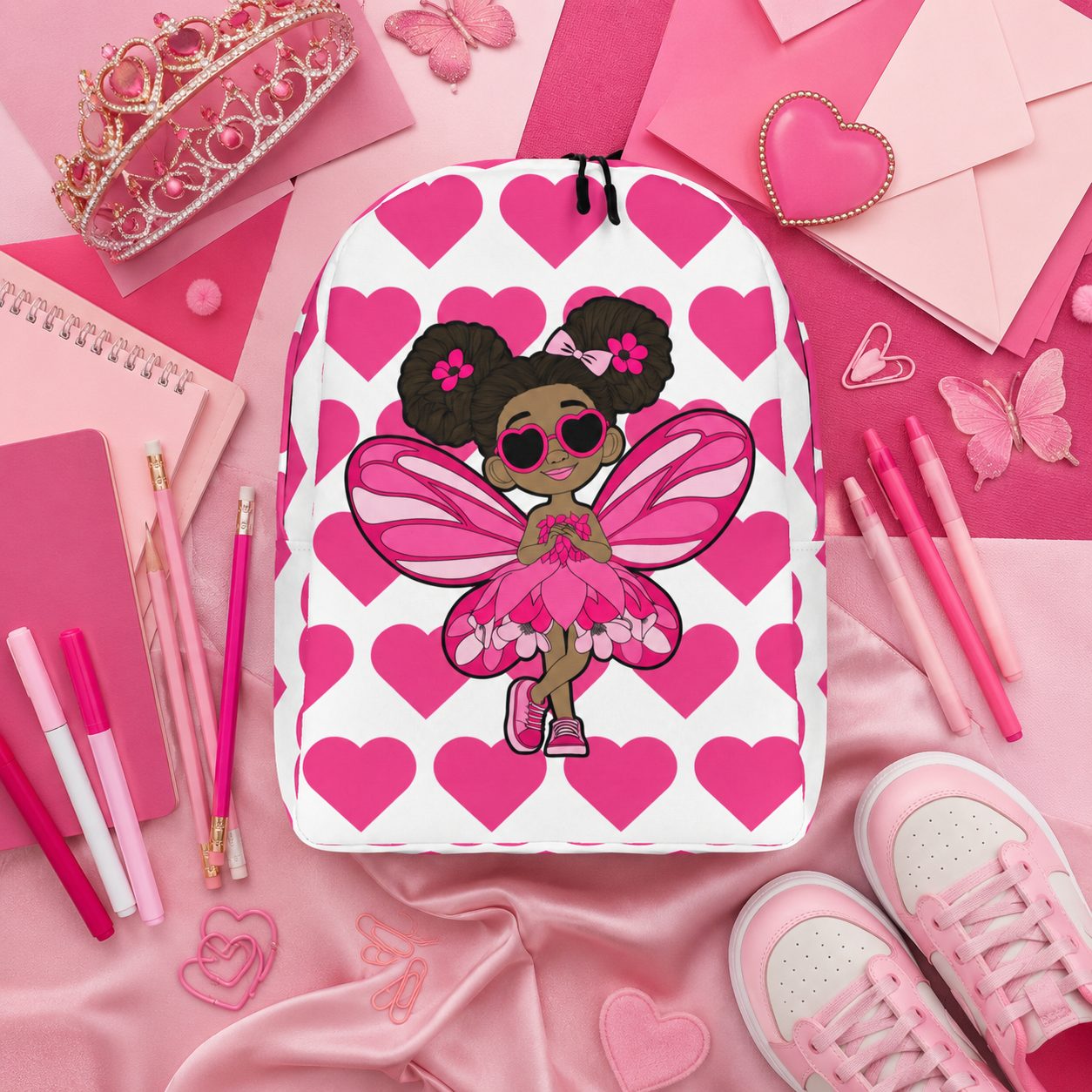 Coco Pixies Glitzy Gracelynn backpack featuring a Black pixie character and bright pink signature heart pattern