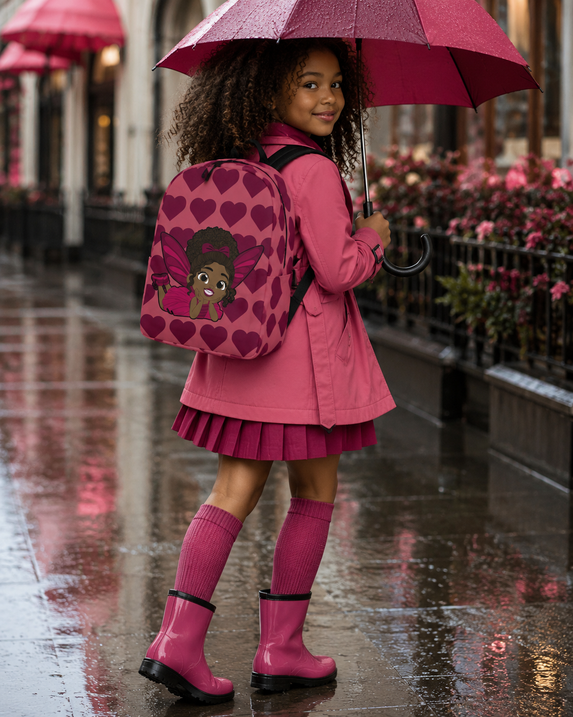 Coco Pixies Happy Harper backpack featuring a Black girl pixie with curly hair and deep rose hearts