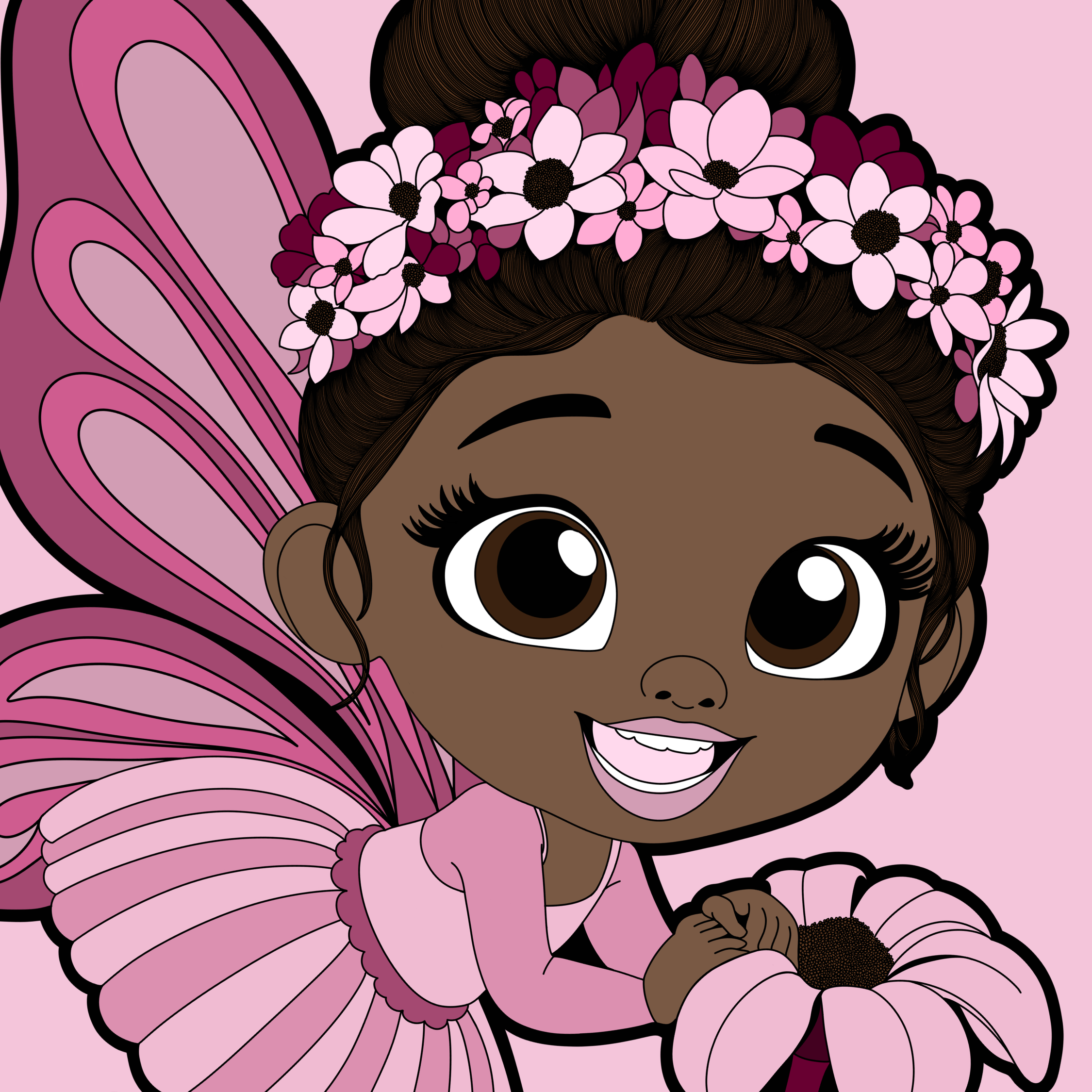Tara Twinkle, a Black girl pixie with natural hair styled in a high bun and a pink flower crown, kneels beside a large pink bloom in a pink petal dress with mauve wings and matching shoes.
