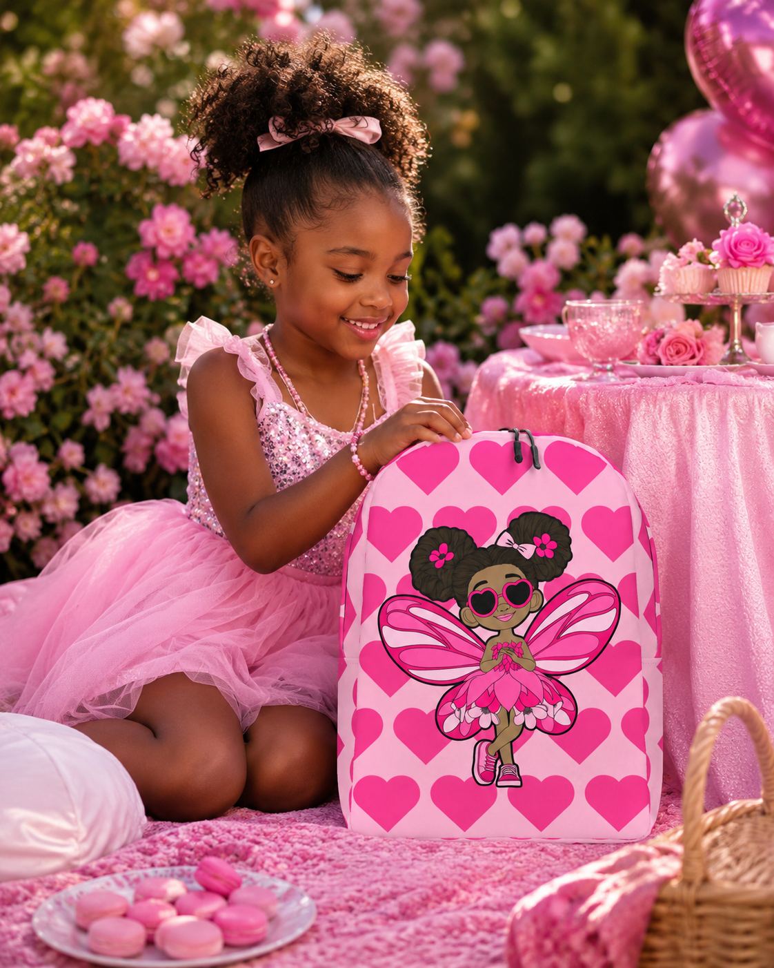 Coco Pixies Glitzy Gracelynn backpack featuring a Black pixie and bubblegum pink signature heart pattern