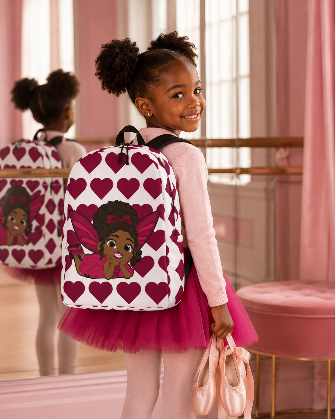 Coco Pixies Happy Harper backpack featuring a Black girl pixie with curly hair, pink wings, and burgundy hearts