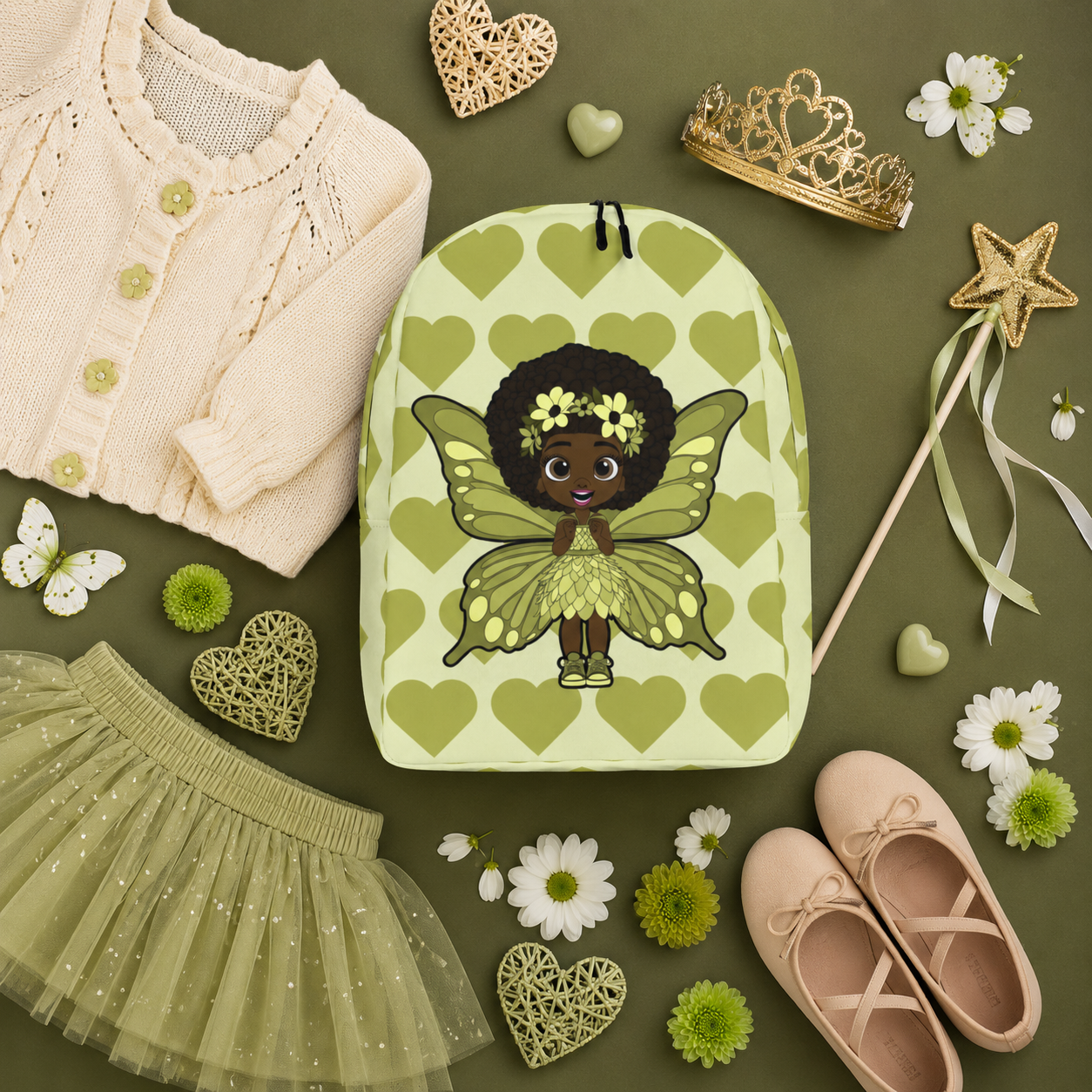 Cheerful Charlotte Pixie Backpack by Coco Pixies featuring a Black girl pixie with natural curls, soft green wings and a soft green signature heart pattern.