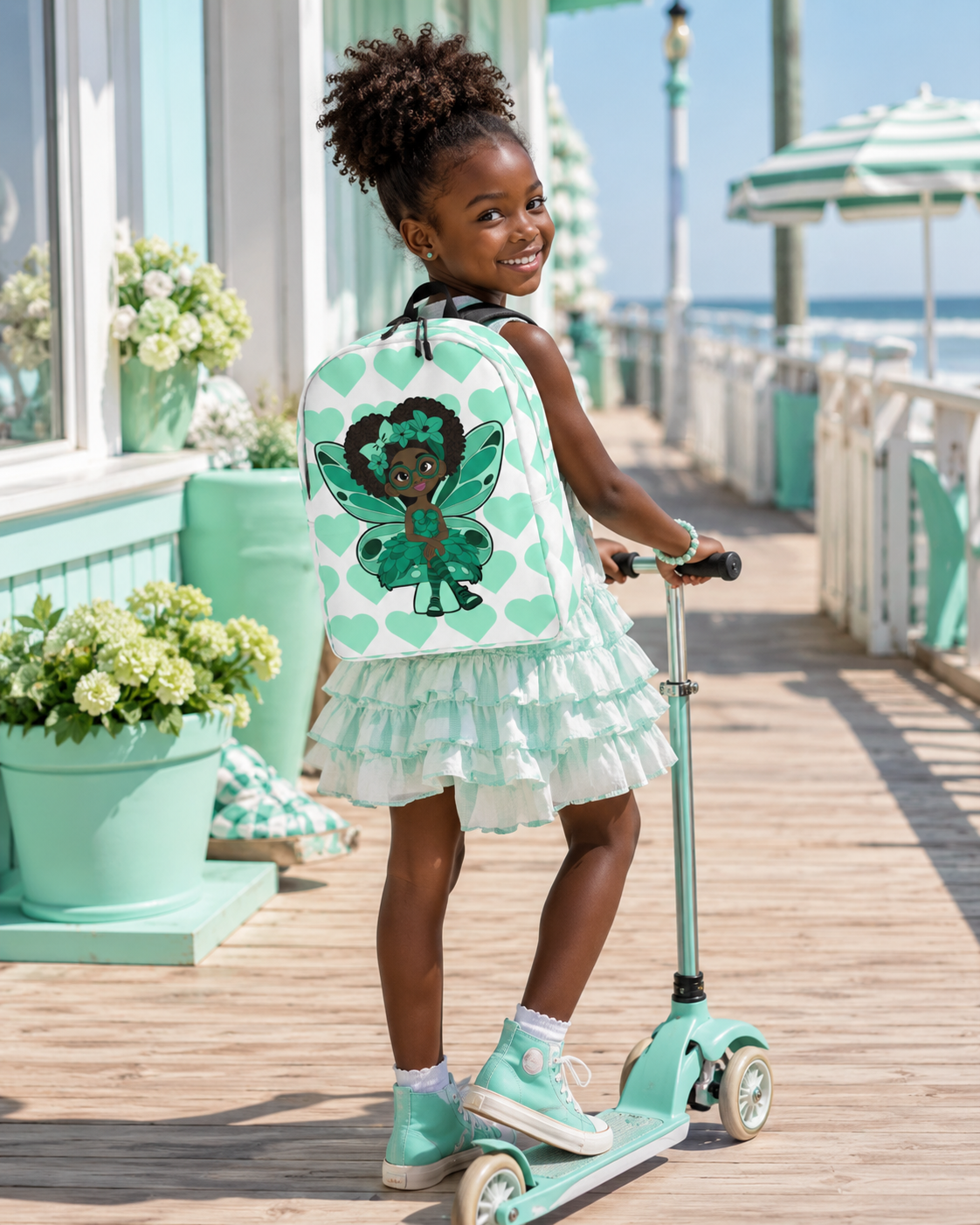 Brilliant Bailey Pixie Backpack by Coco Pixies featuring a Black girl pixie with a curly afro, green wings and a mint heart pattern.