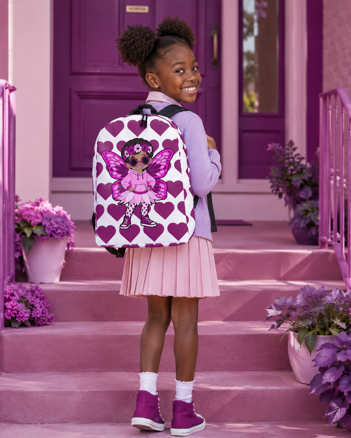 Coco Pixies Teonna Twinklepuff backpack featuring a Black girl pixie with curly puffs, a floral crown and magenta hearts.