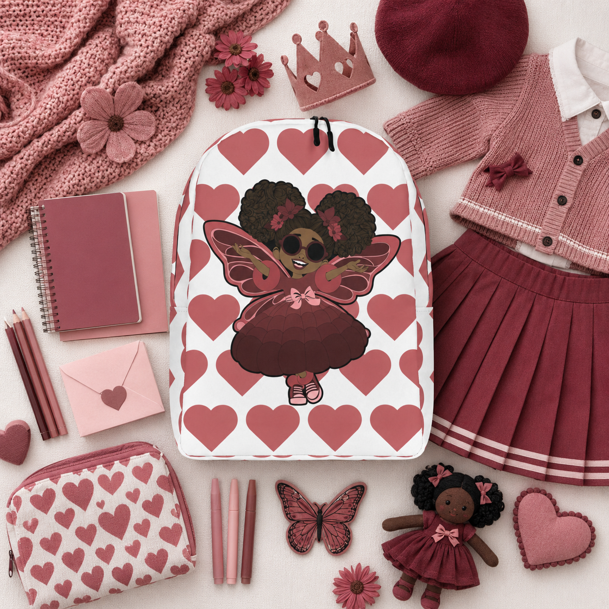 Coco Pixies Radiant Ruby character backpack featuring afro puffs, sunglasses and signature heart print
