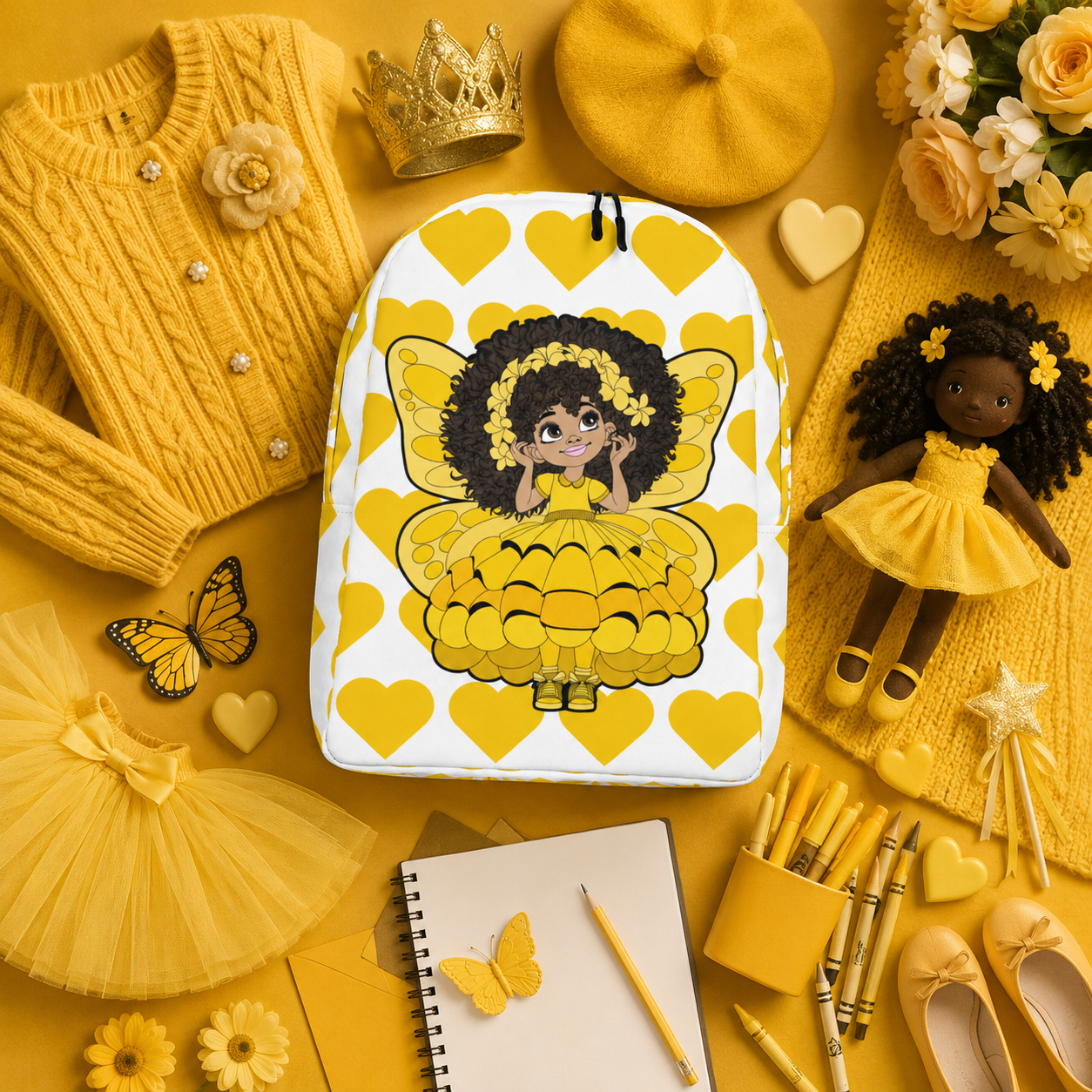 Blissful Brandie Pixie Backpack by Coco Pixies with a Black girl pixie, yellow wings and signature yellow heart pattern