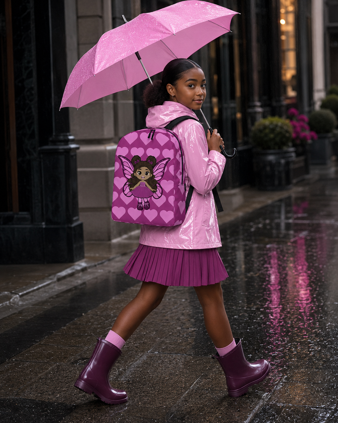 Coco Pixies Fiona Flutter magenta backpack featuring a Black girl pixie with curly hair and pink wings