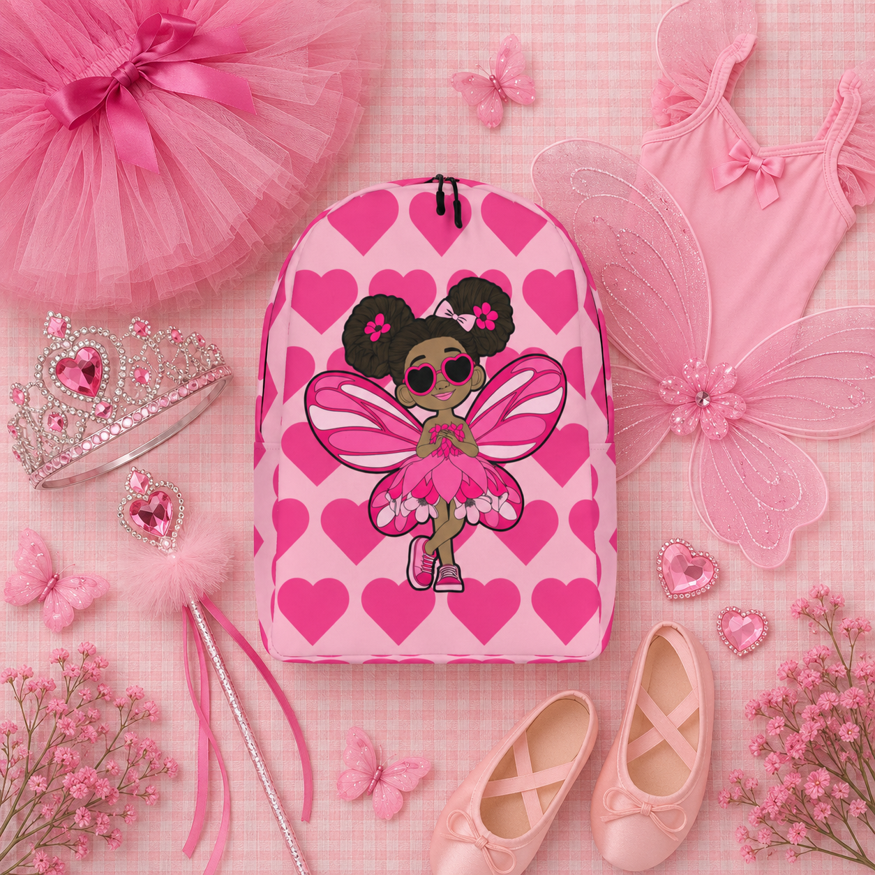 Coco Pixies Glitzy Gracelynn backpack featuring a Black pixie and bubblegum pink signature heart pattern