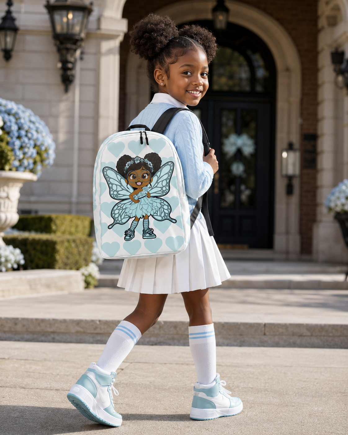 Coco Pixies JoJo Jollypuff backpack featuring afro puffs, glasses, aqua wings, and heart-patterned design